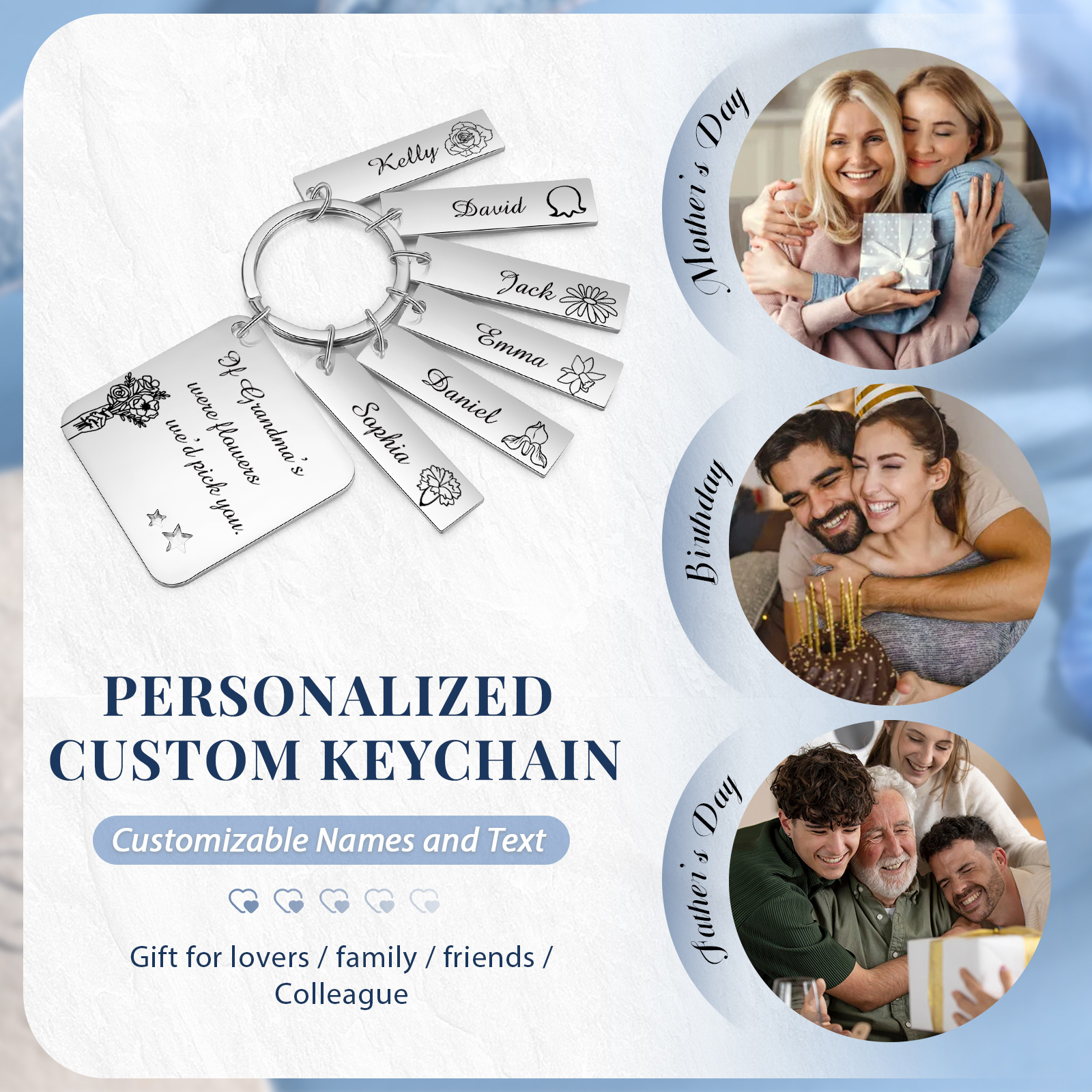 Personalised 6 Names & 6 Birth Flowers Keychain Custom Text Family Keychain Gifts for Mother/Grandma-Jessemade AU