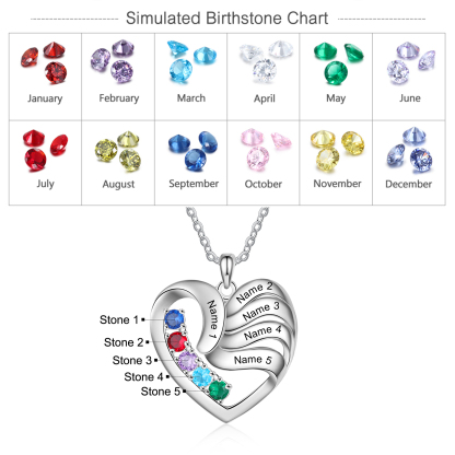 Personalised Heart Necklace With 5 Birthstones Engraved Names Family Necklace Gifts for Her-Jessemade AU