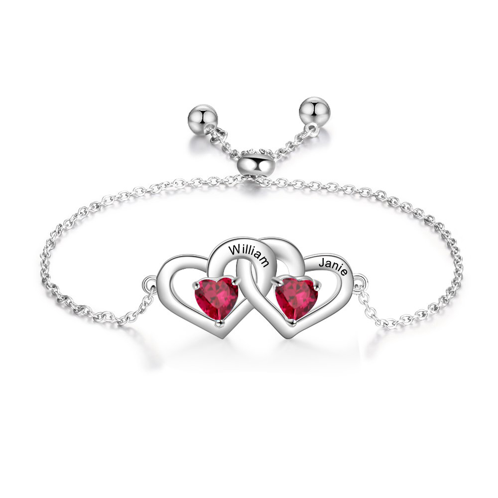 Personalised Heart Bracelet With 2 Birthstones Engraved Names Bracelet Gift For Women-Jessemade AU