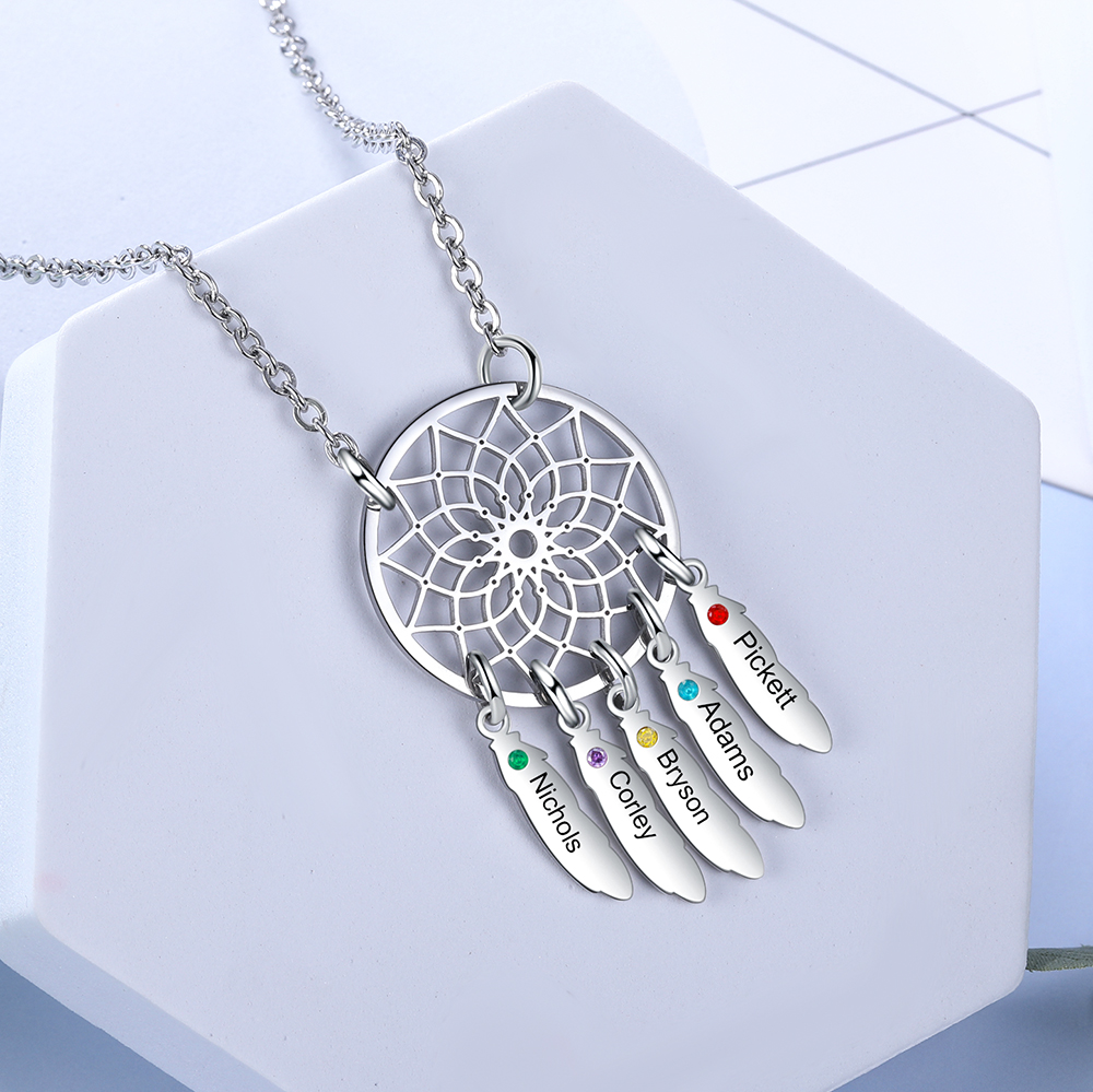 Personalised Dream Catcher Necklace With 5 Birthstones Engraved Names Gift For Women-Jessemade AU