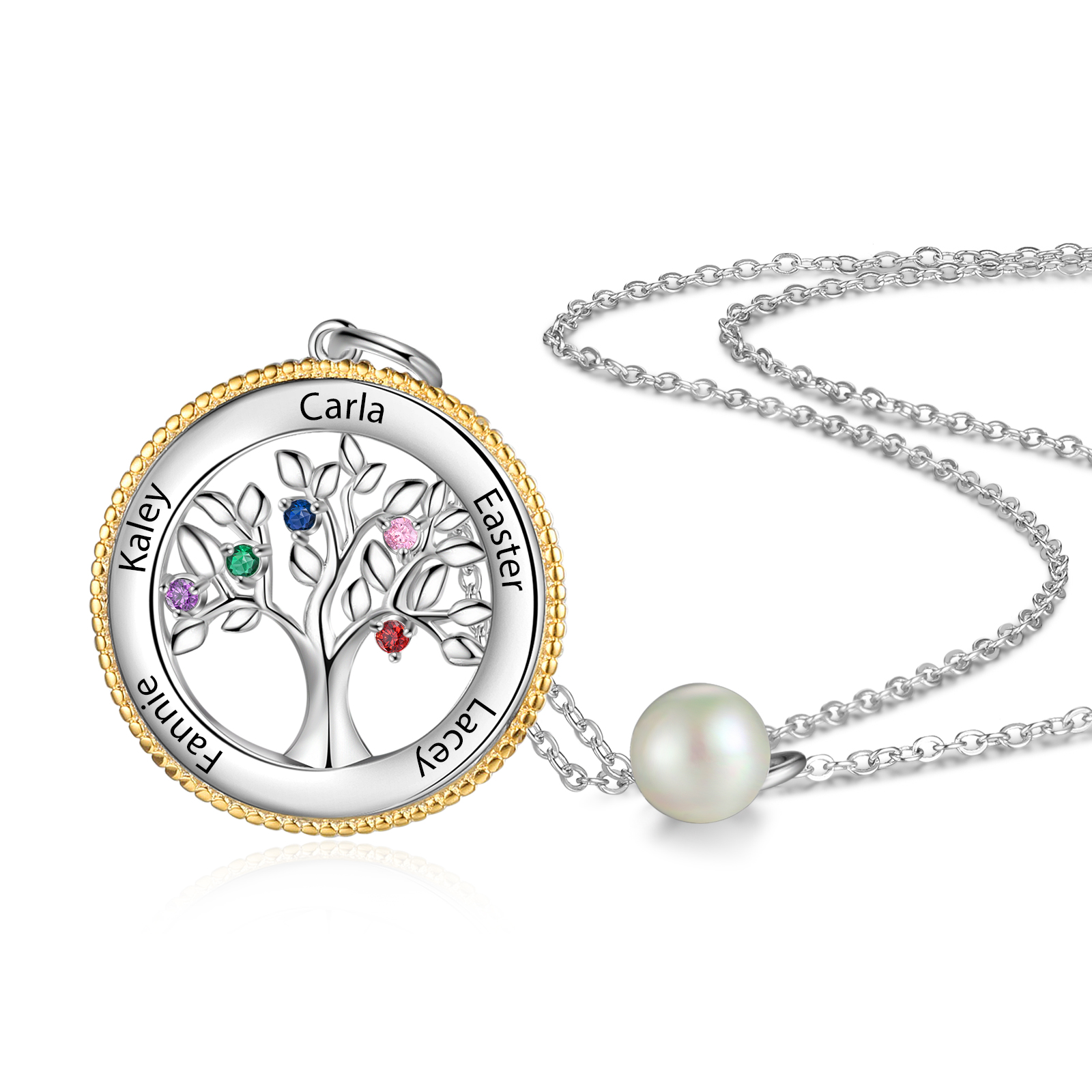 Personalised Family Tree Necklace With 5 Birthstones Engraved Names Necklace Gift For Women-Jessemade AU