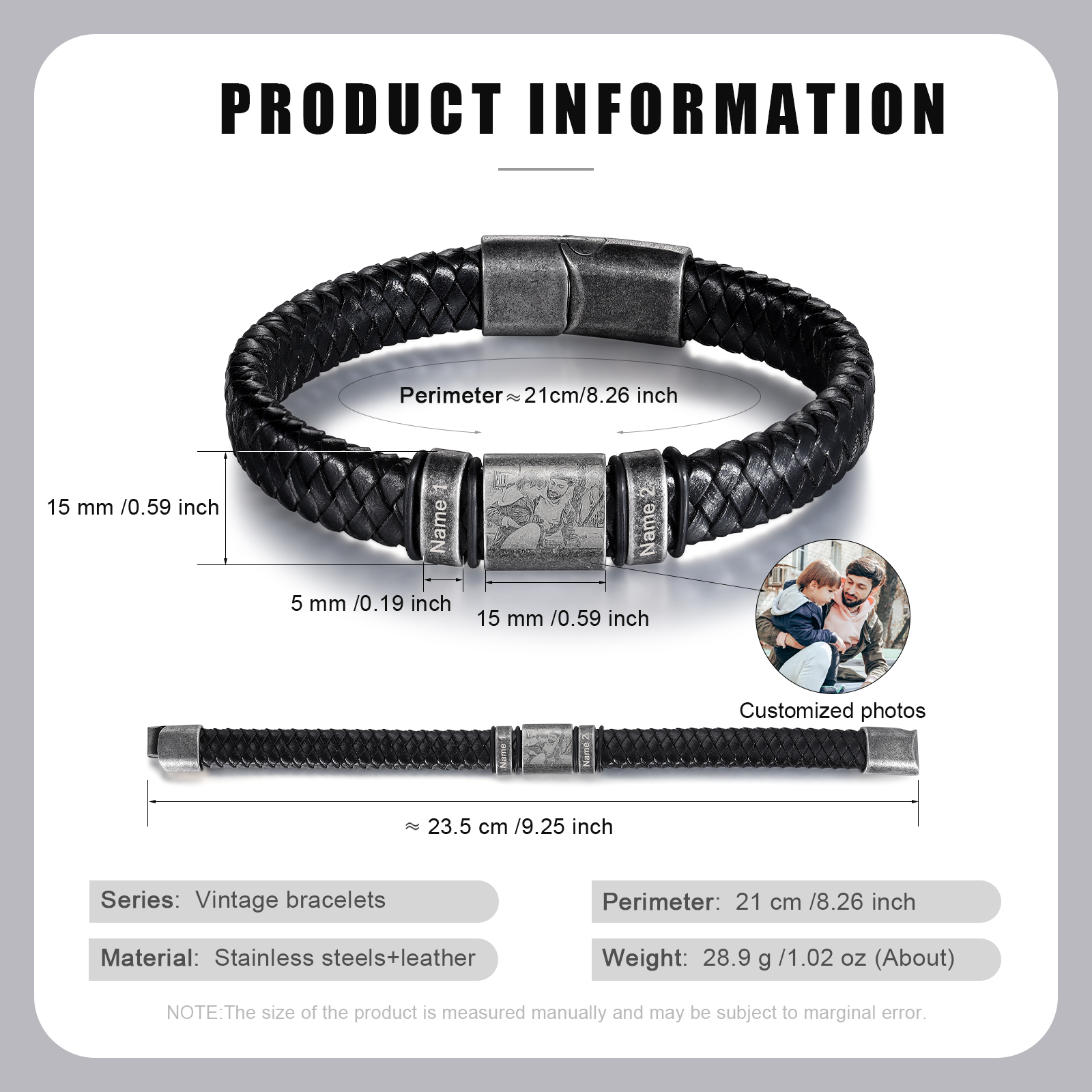 2 Names - Personalised Men's Leather Braided Bracelet Customised Name & Photo Bracelet Vintage Gift for Him-Jessemade AU