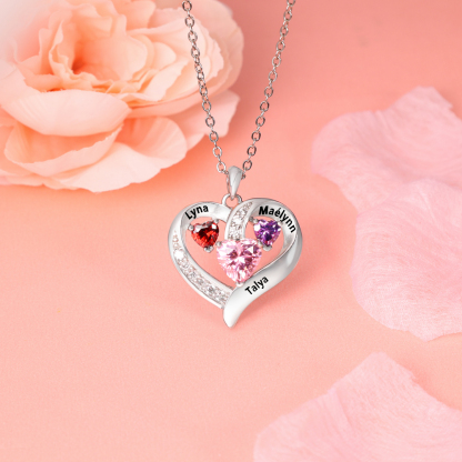 Personalised Heart Necklace With 3 Birthstones Engraved Names Gift For Her-Jessemade AU