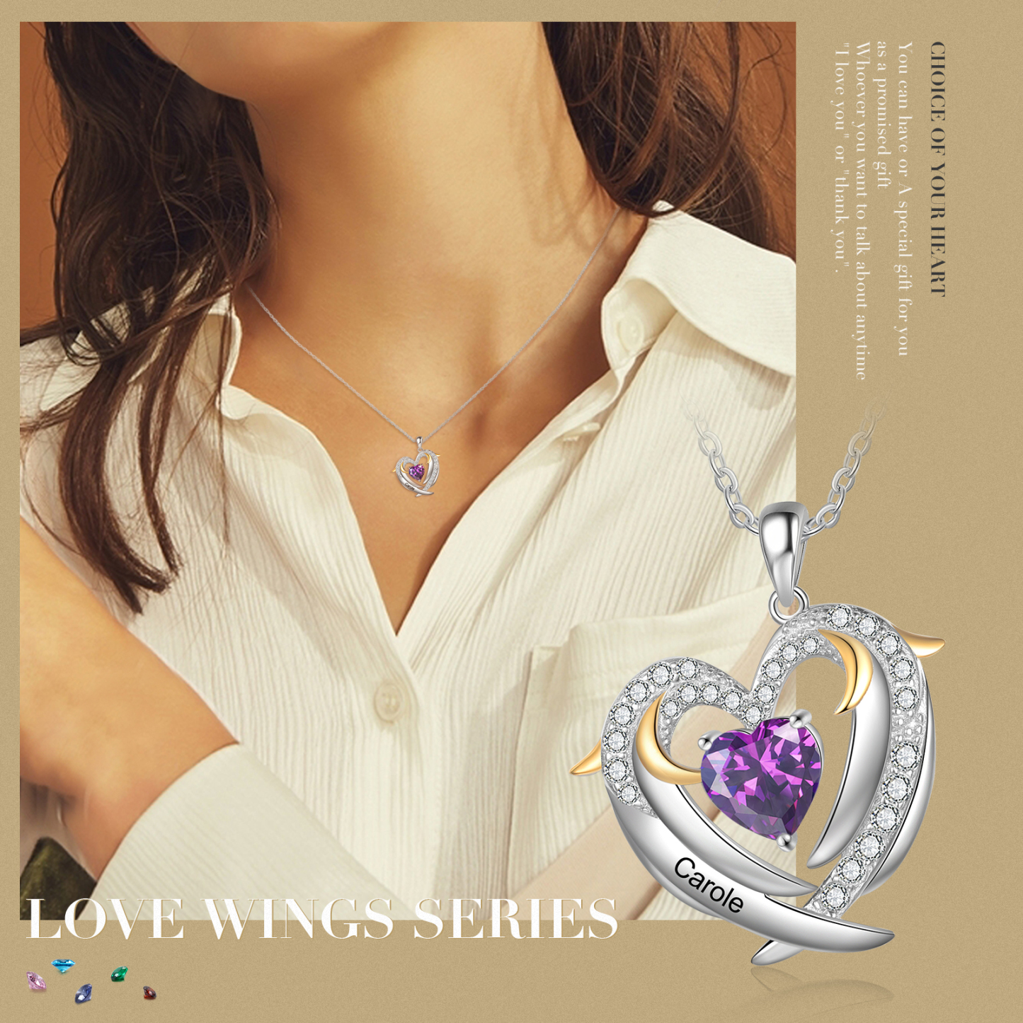 Personalised Heart Wings Necklace With 1 Birthstone Custom Names Necklace Gift For Her-Jessemade AU