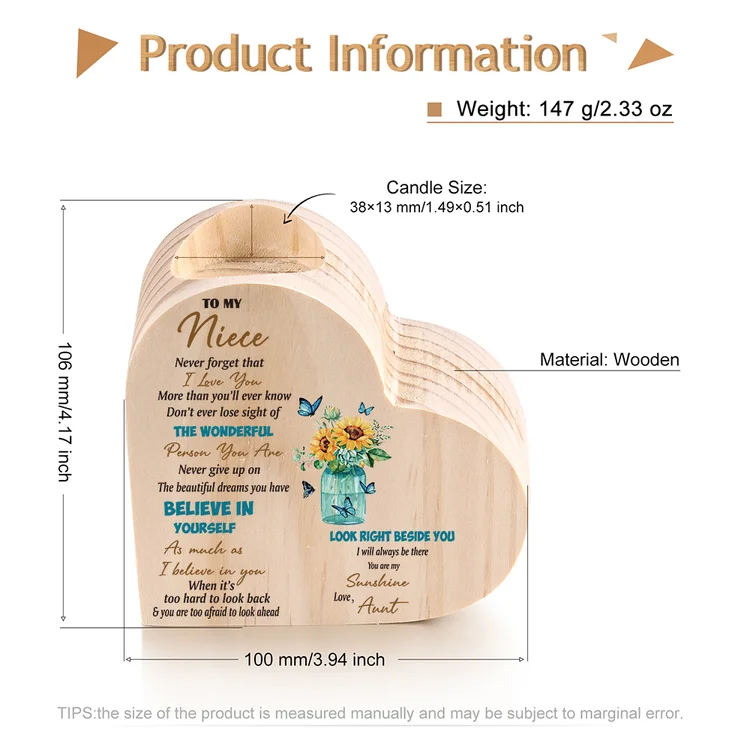 To My Niece Heart Candle Holder Believe in Yourself Wooden Candlestick-Jessemade AU