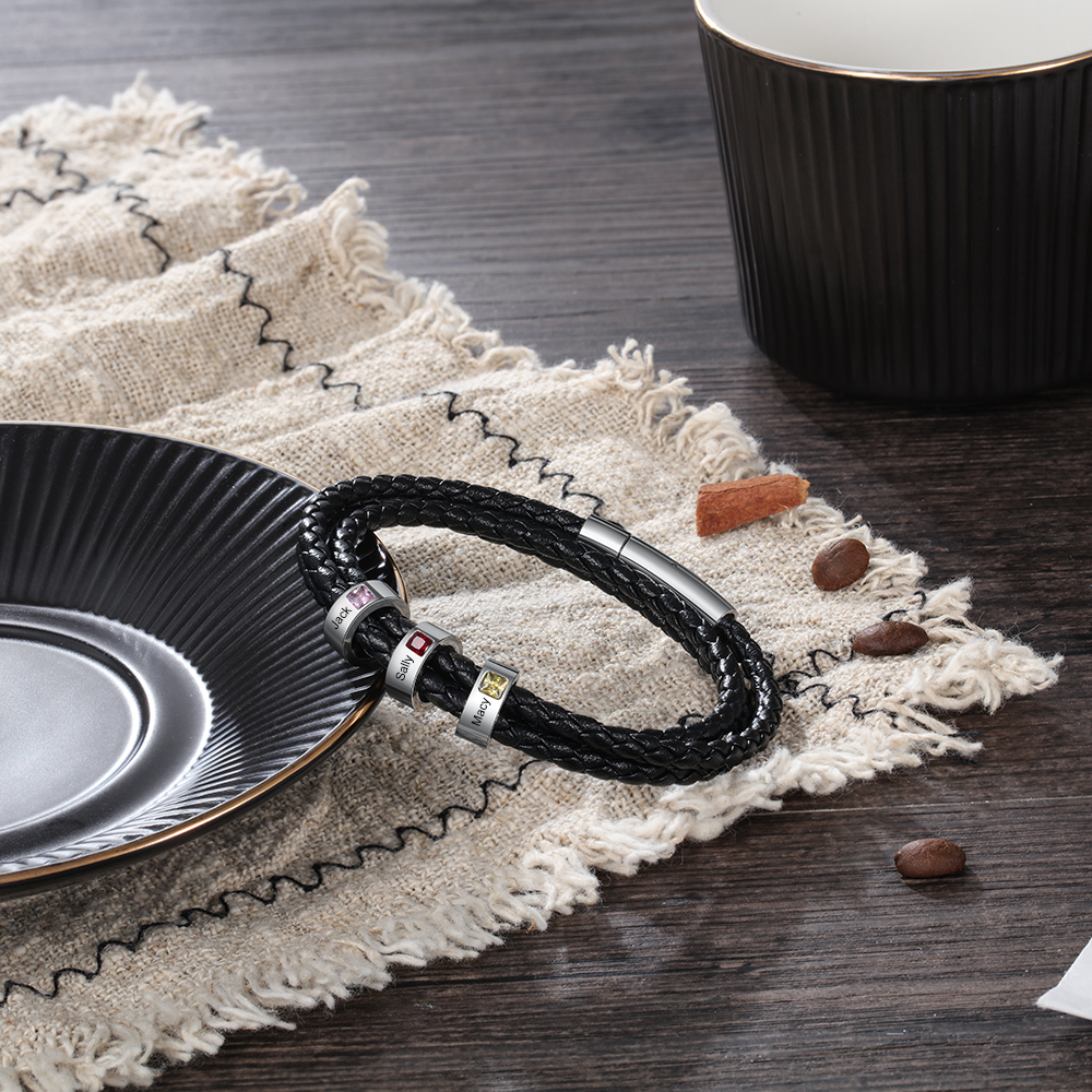 Personalised 3 Layer Leather Bracelet with 4 Beads Engraved Names Men's Bracelets for Him-Jessemade AU