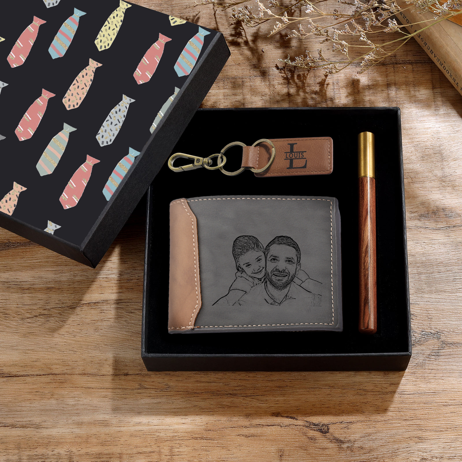 Personalised Photo & Name & Letter & Text & Calendar Gift Set Custom Wallet & Keychain & Pen Gift Box Set Father’s Day Gift for Him-Jessemade AU