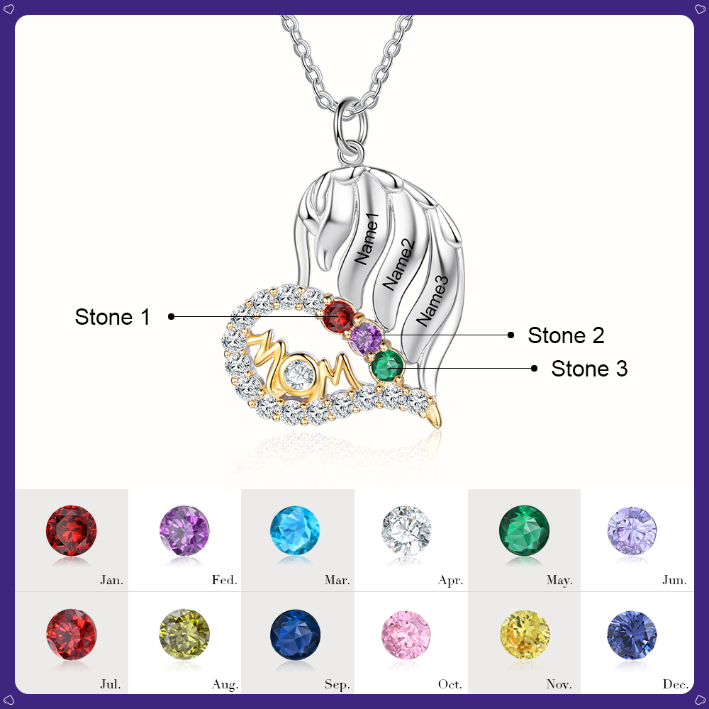 Personalised Heart Necklace With 3 Birthstones Engraved Names Gift For Mother-Jessemade AU