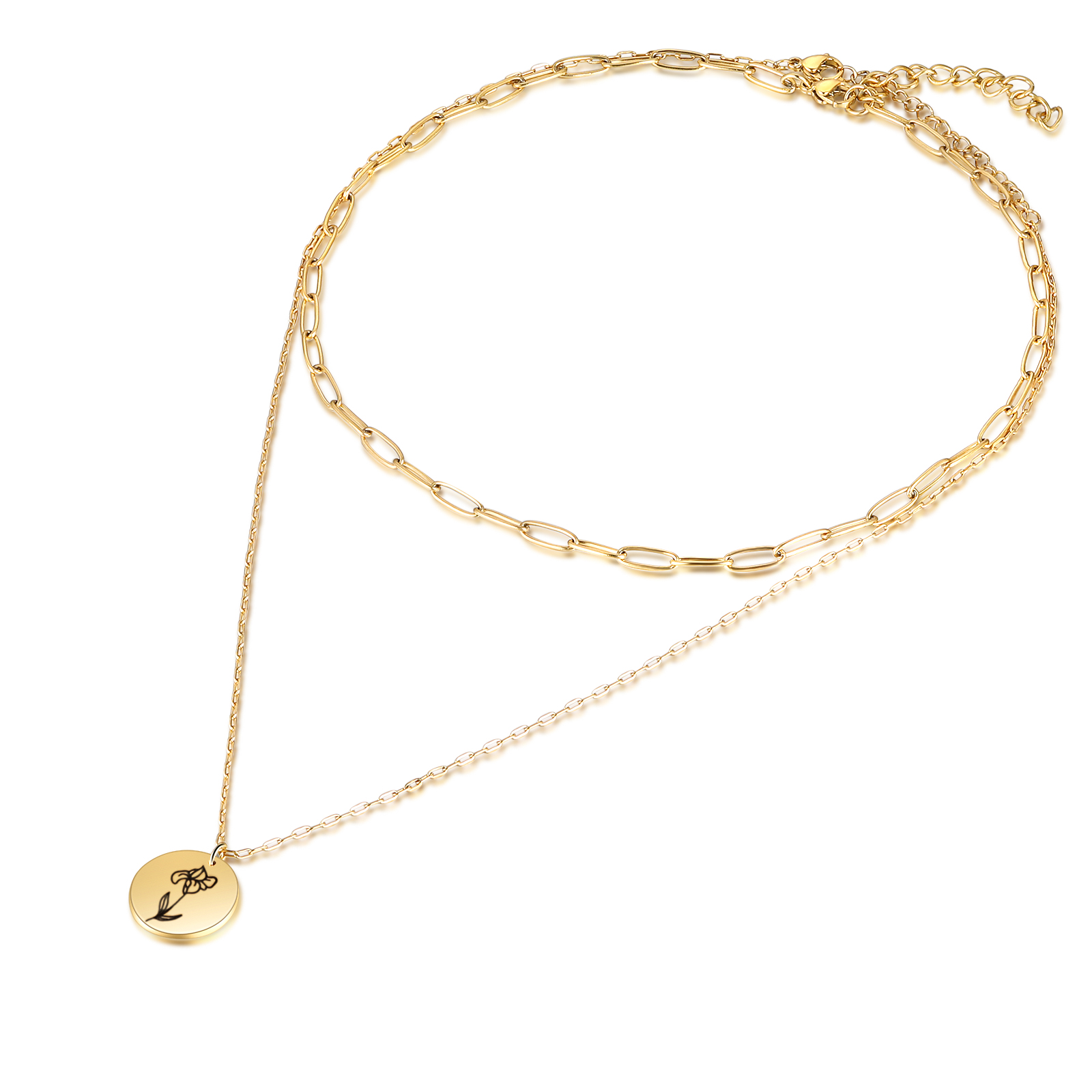 Personalised Double Necklace With 2 Birthflowers Engraved Name Gift For Her-Jessemade AU