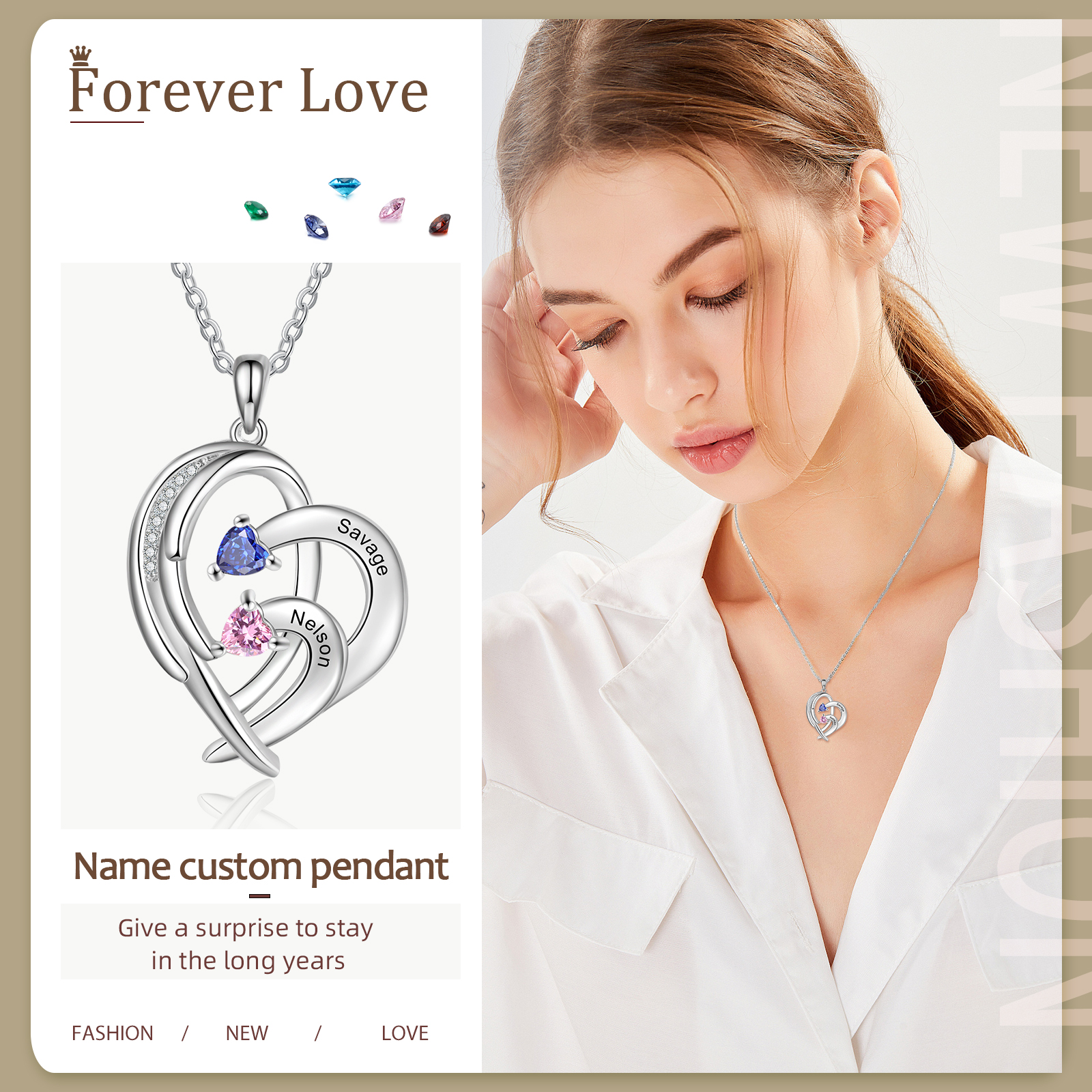 Personalised Heart Wings Necklace With 2 Birthstones Custom Names Necklace Gift For Her-Jessemade AU