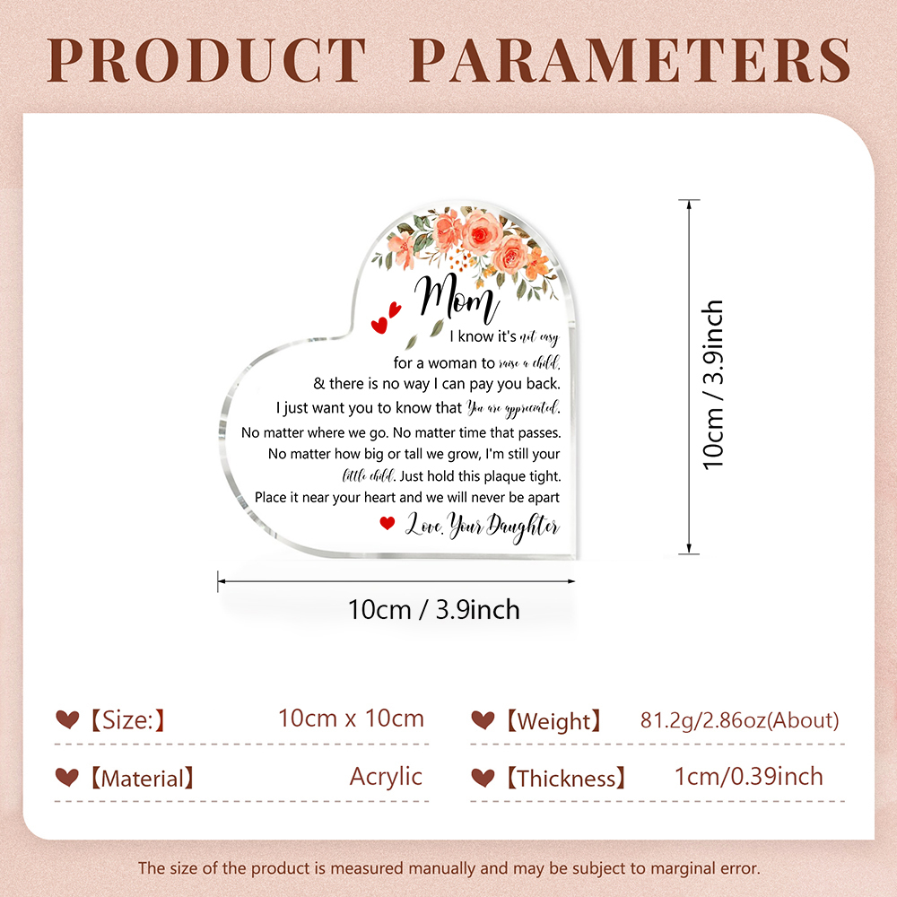 To My Mum/Mom Acrylic Heart Keepsake Heart Ornament - Place It Near Your Heart And We Will Never Be Apart-Jessemade AU