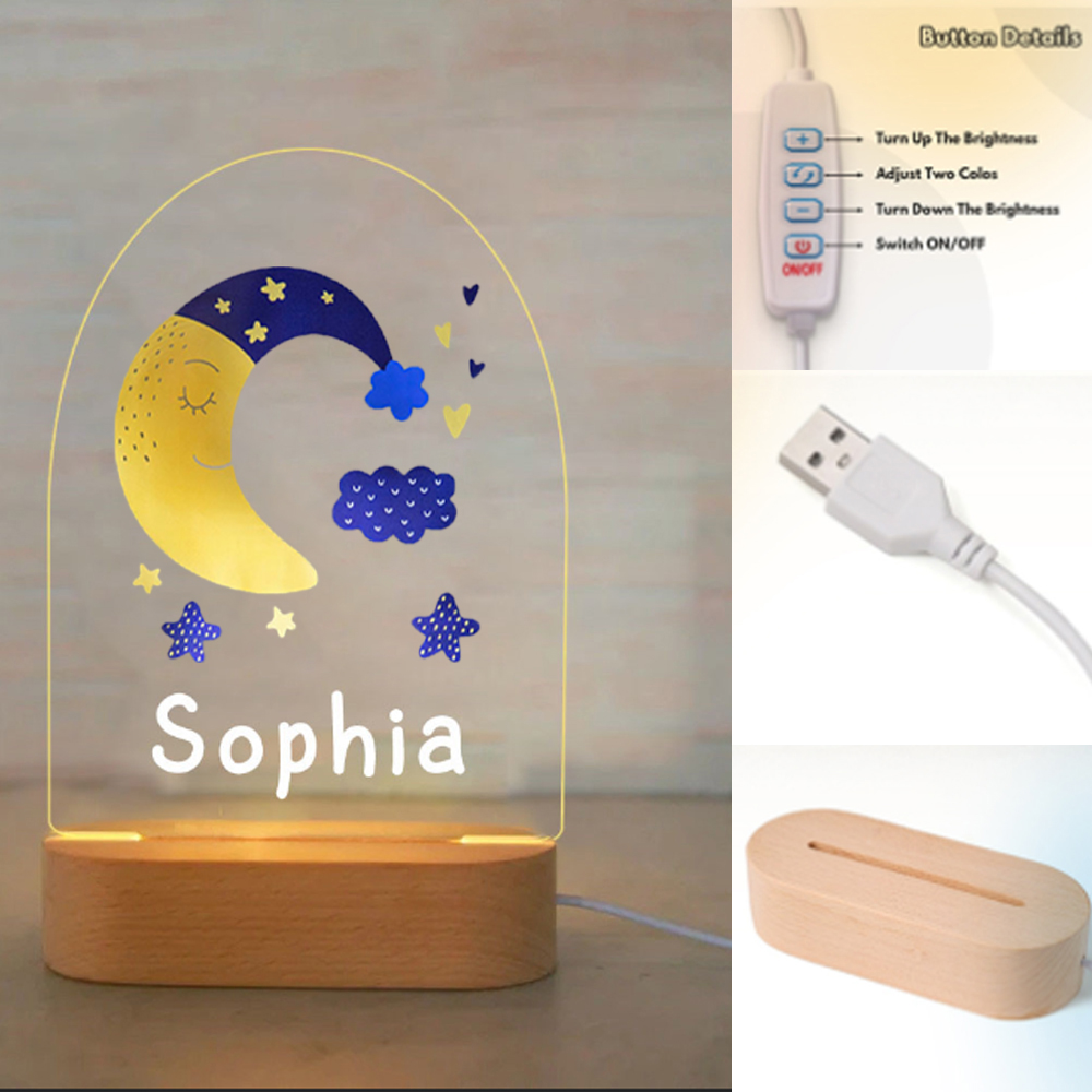 Personalised Moon Night Light Custom Name LED Lamp Baby Gift for Kids-Jessemade AU