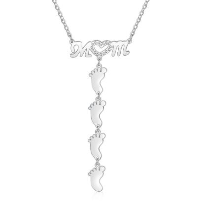 Mother Necklace with 4 Baby Feet Pendants Engraved 4 Names Rose Gift Set