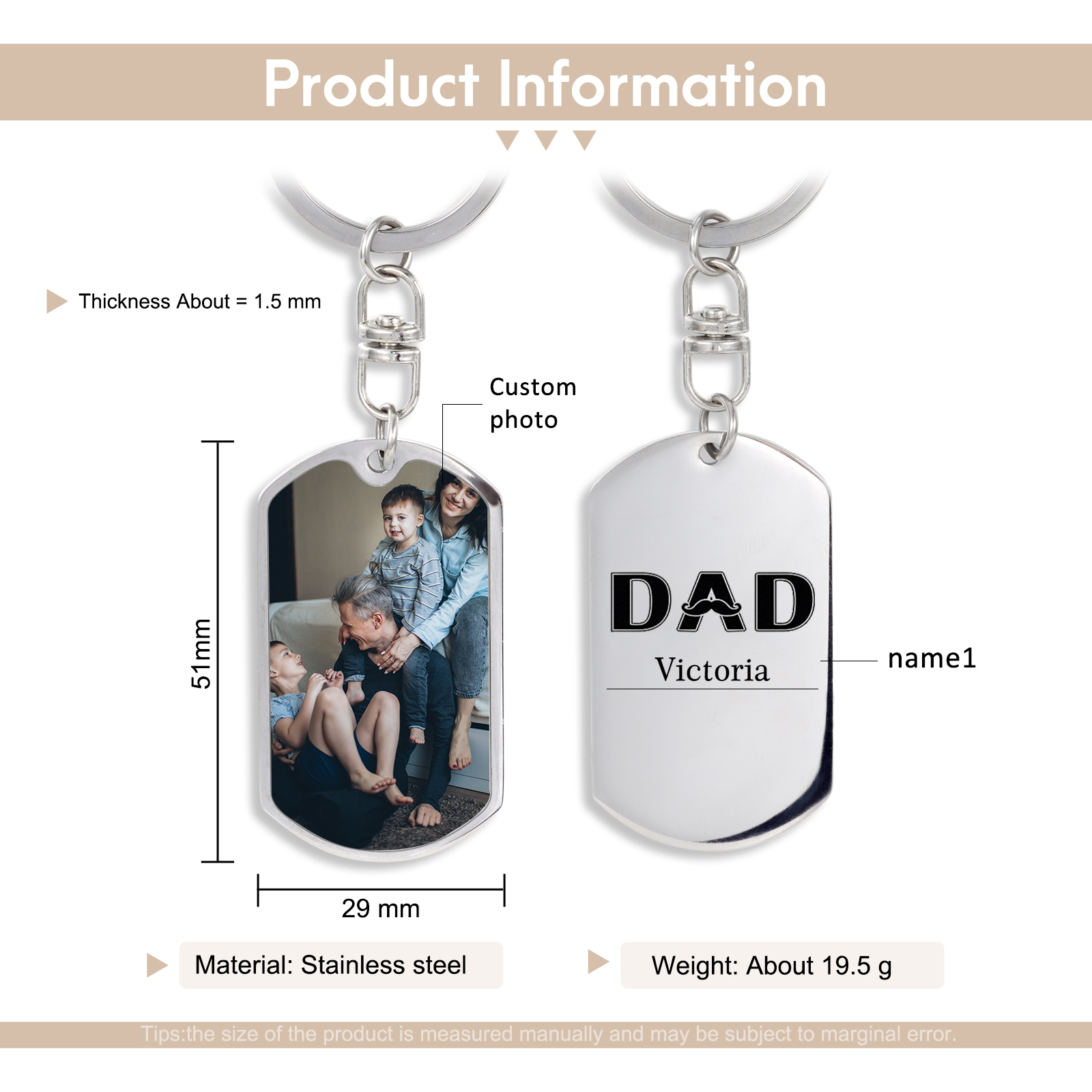 Personalised Photo Keychain Dad Keyring Engrave 1 Name Father's Day Gifts-Jessemade AU