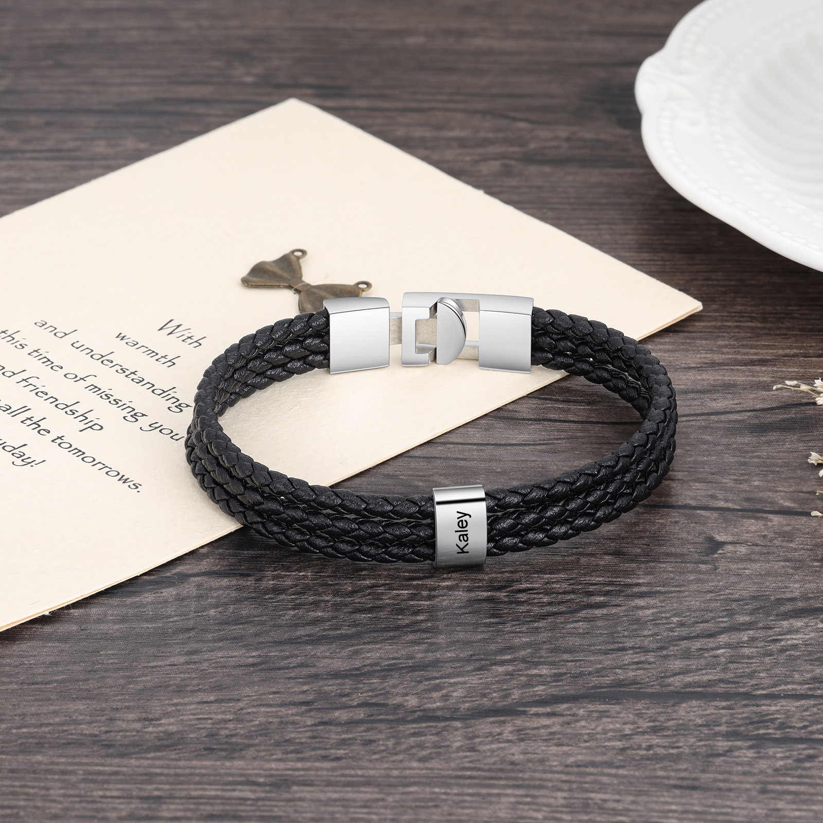 Personalised Braided Leather Bracelet Engraved 1 Name Men's Bracelet Gifts For Him-Jessemade AU