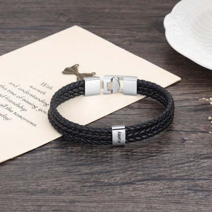 Personalised Braided Leather Bracelet Engraved 1 Name Men's Bracelet Gifts For Him-Jessemade AU