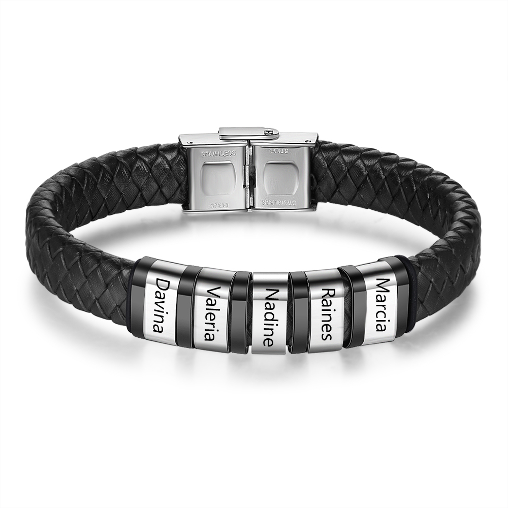 Men Leather Braided Bracelet Personalised with 5 Names 5 Beads Gift For Father's Day-Jessemade AU