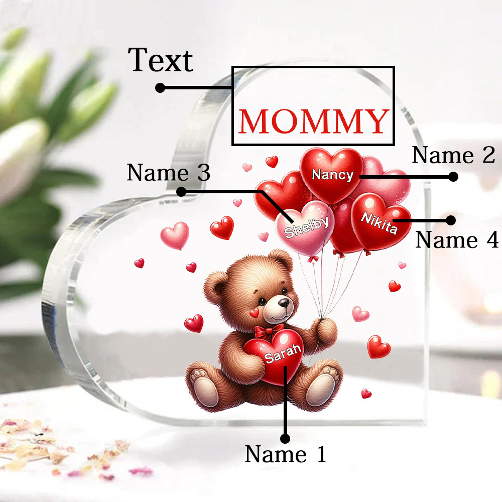 4 Names - Personalised Acrylic Heart Keepsake Custom Text Teddy Bear Balloon Ornaments Gifts for Grandma/Mother-Jessemade AU