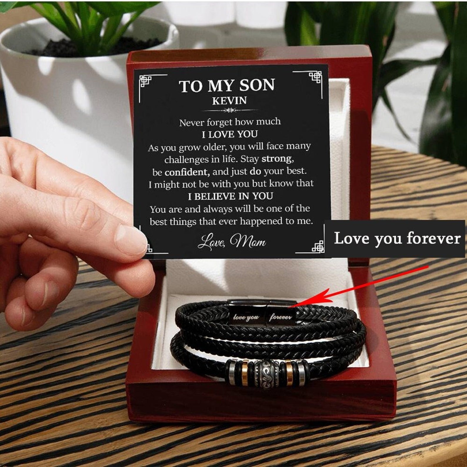 To My Son Bracelet Personalised Name Message Card Braided Leather Bracelet Mom to Son Gift - Never Forget How Much I Love You-Jessemade AU