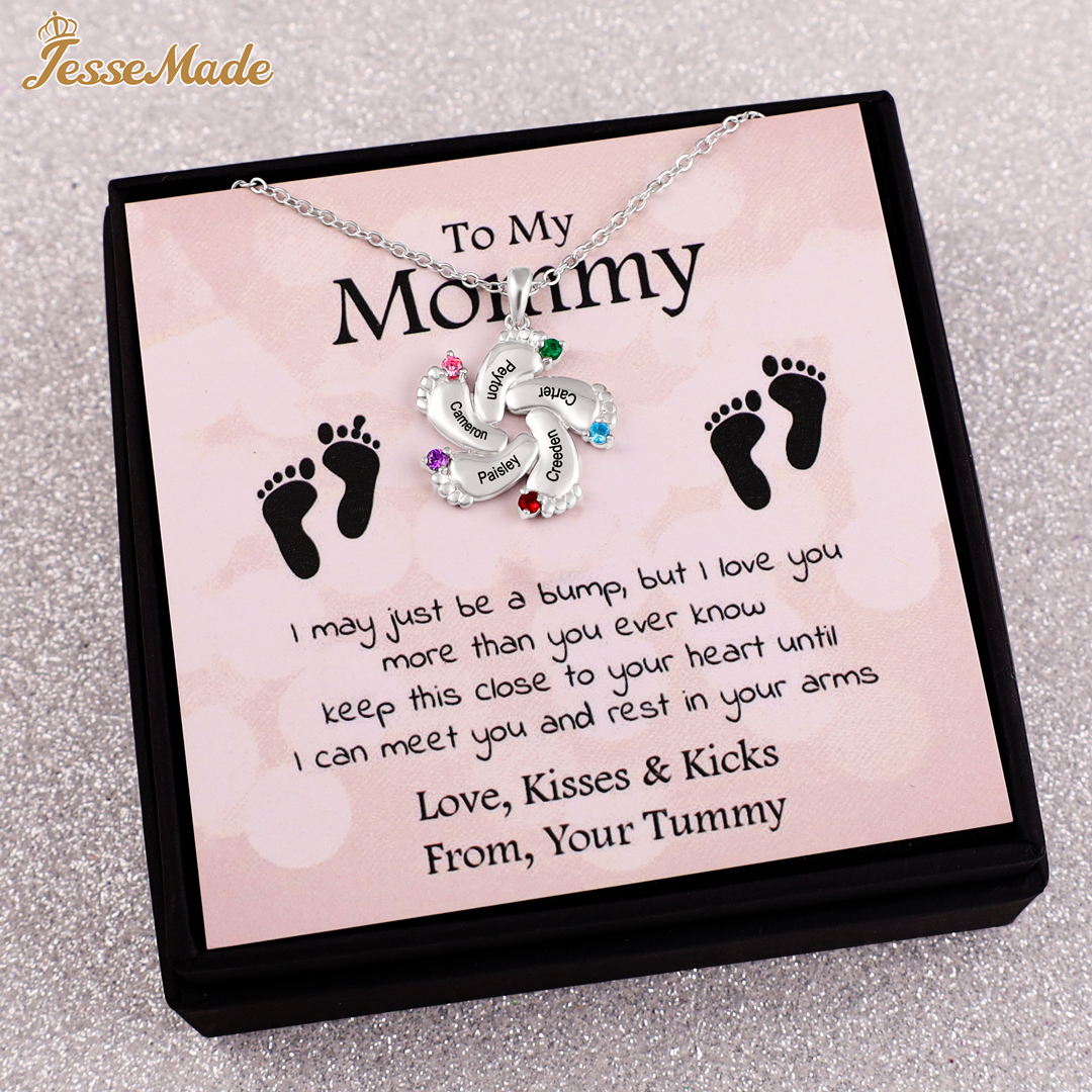 Personalised Baby Foot Necklace With 5 Birthstones Engraved Names Gift For Mother-Jessemade AU