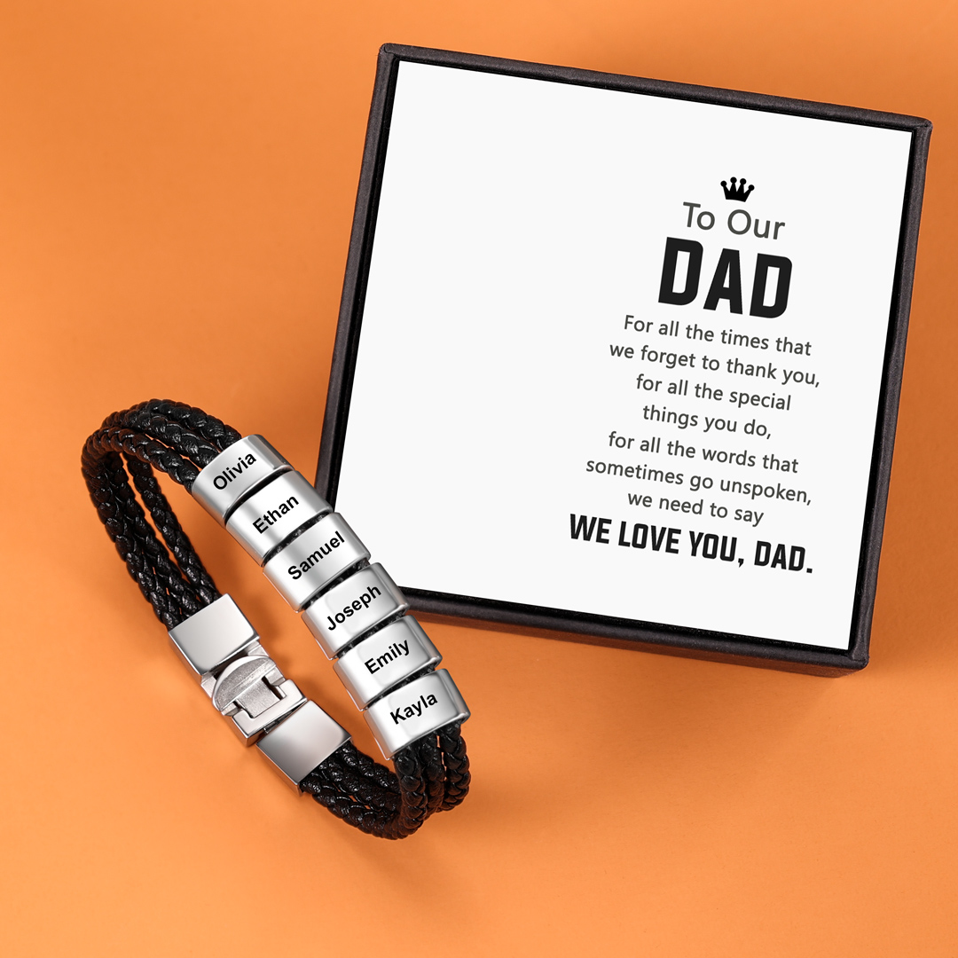 Personalised Braided Leather Bracelet Engraved 6 Names Men's Bracelet Gifts For Him-Jessemade AU