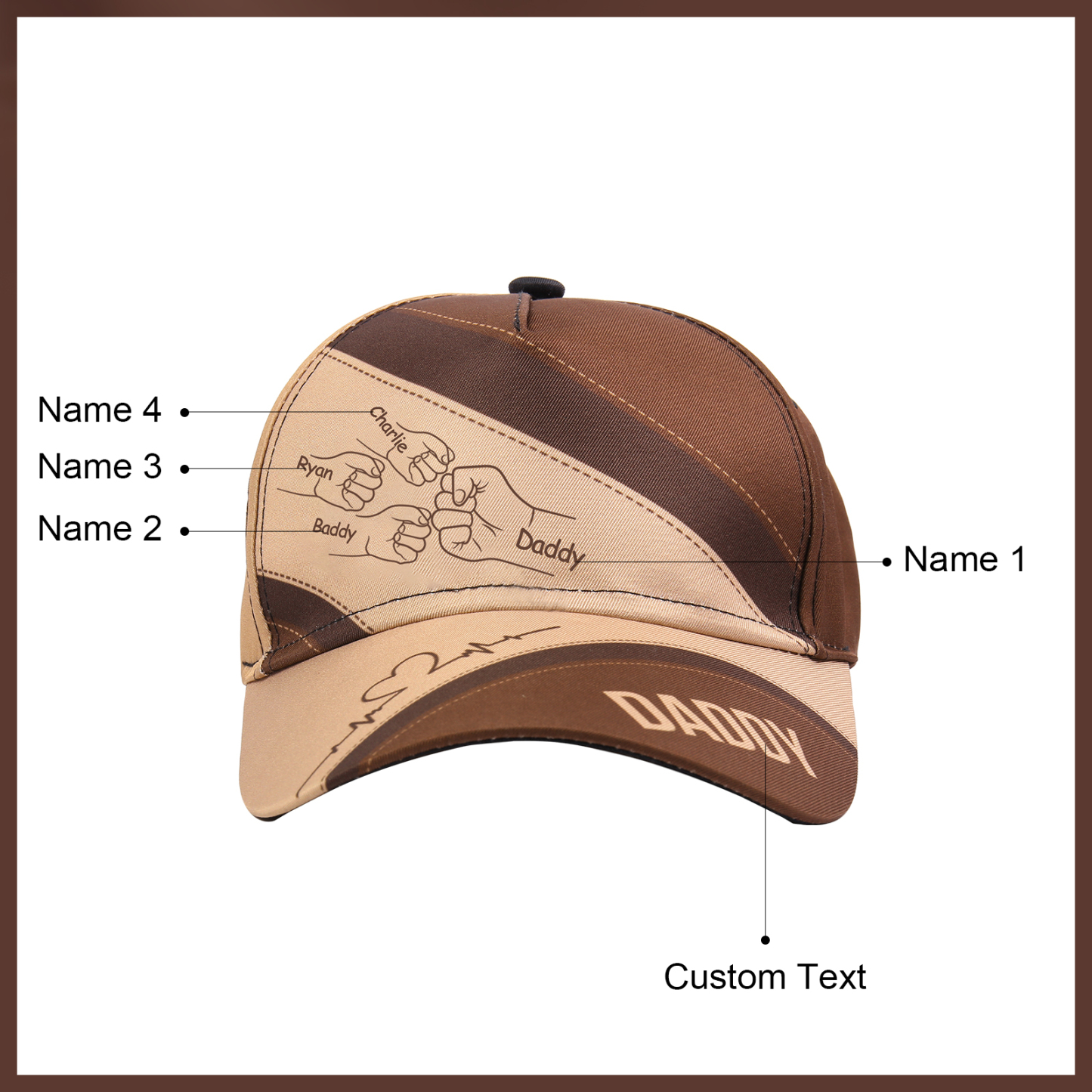 Personalised Fist Bump Classical Baseball Cap Custom 4 Names & 1 Text Snapback Adjustable Gift for Dad/Grandpa/Husband-Jessemade AU
