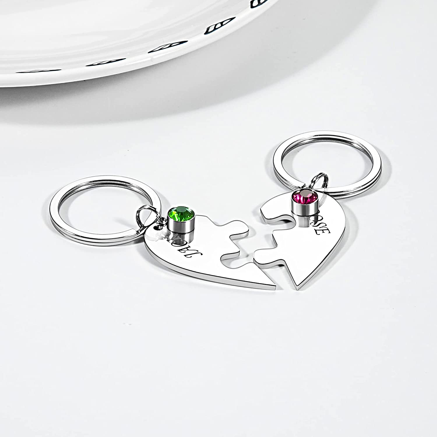 Personalised 2 Names Heart Puzzle Keychain with Birthstones Gifts for Family-Jessemade AU