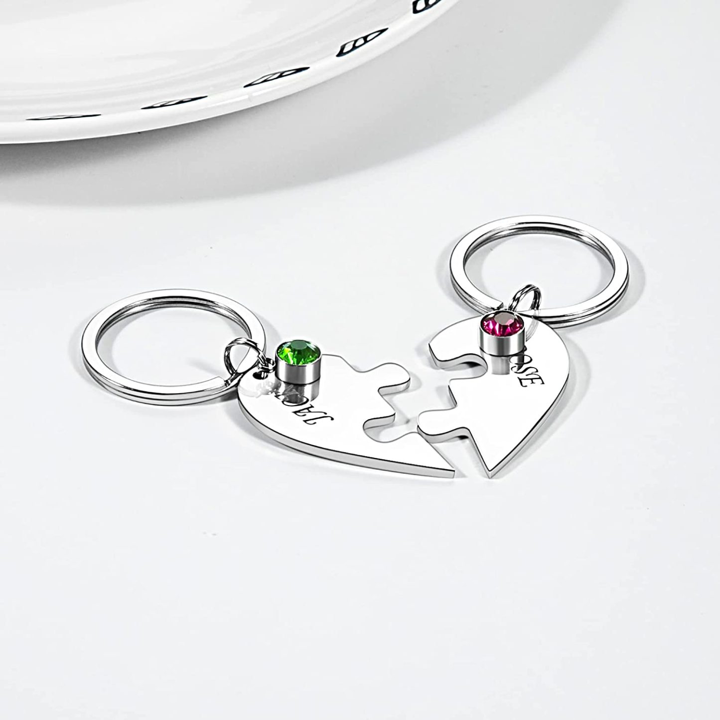 Personalised 2 Names Heart Puzzle Keychain with Birthstones Gifts for Family-Jessemade AU