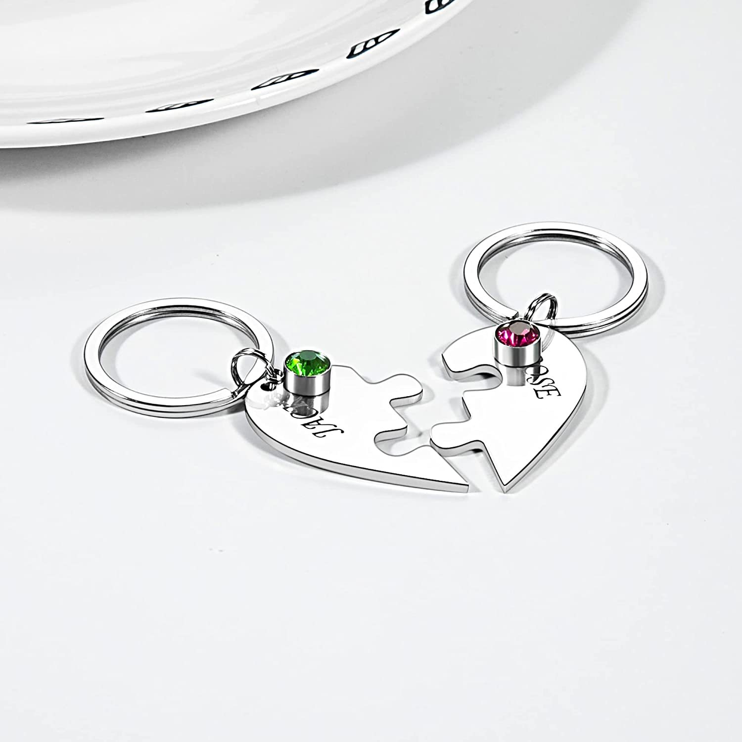 Personalised 2 Names Heart Puzzle Keychain with Birthstones Gifts for Family-Jessemade AU