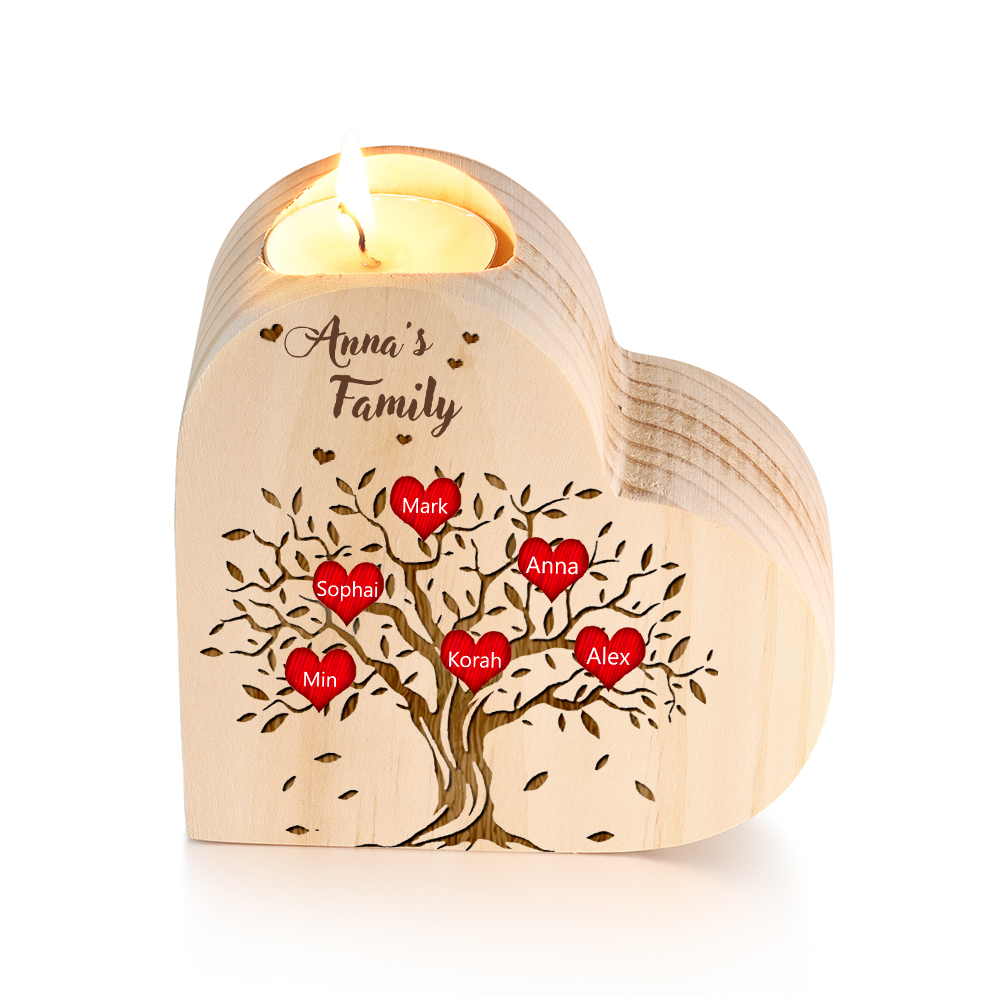To My Family Wooden Heart Candle Holder Custom 6 Names Family Tree Candlesticks-Jessemade AU