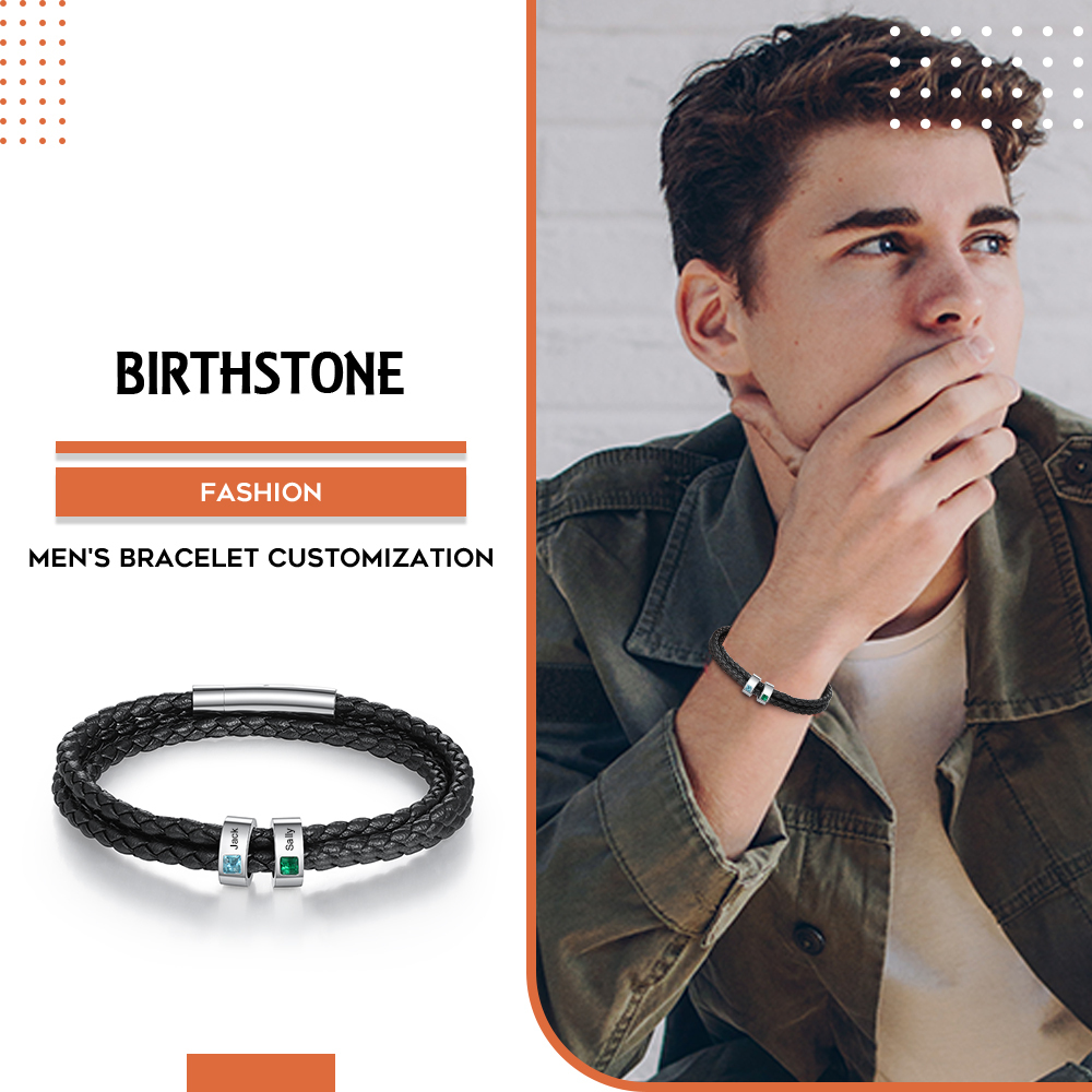 Personalised 3 Layer Leather Bracelet with 2 Beads Engraved Names Men's Bracelets for Him-Jessemade AU