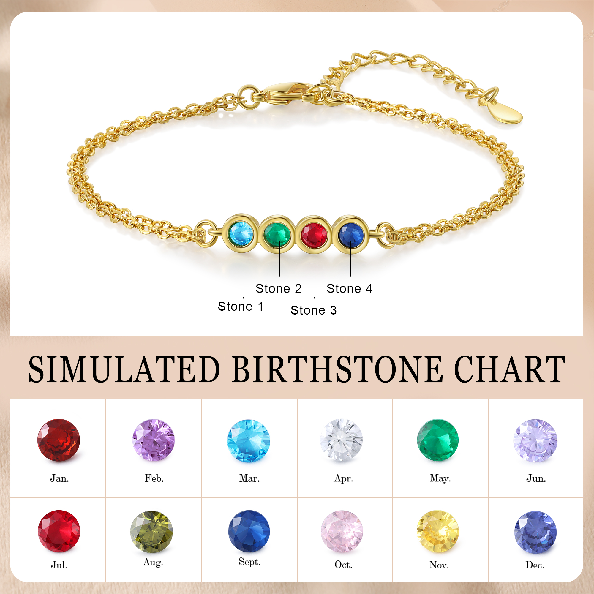 Personalised Bracelet Custom 4 Birthstones Adjustable Bracelet Gifts for Ladies Girls