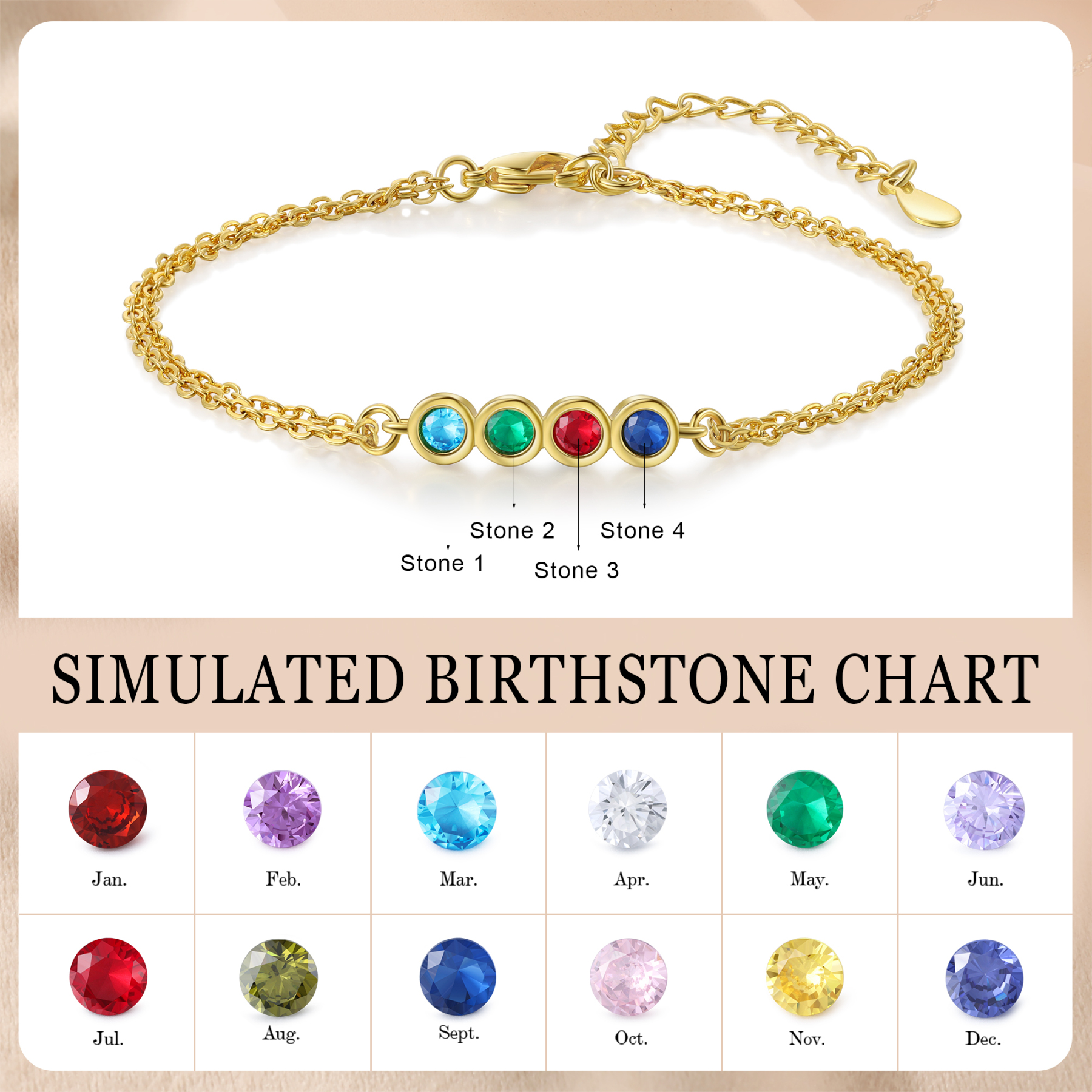 Personalised Bracelet Custom 4 Birthstones Adjustable Bracelet Gifts for Ladies Girls-Jessemade AU