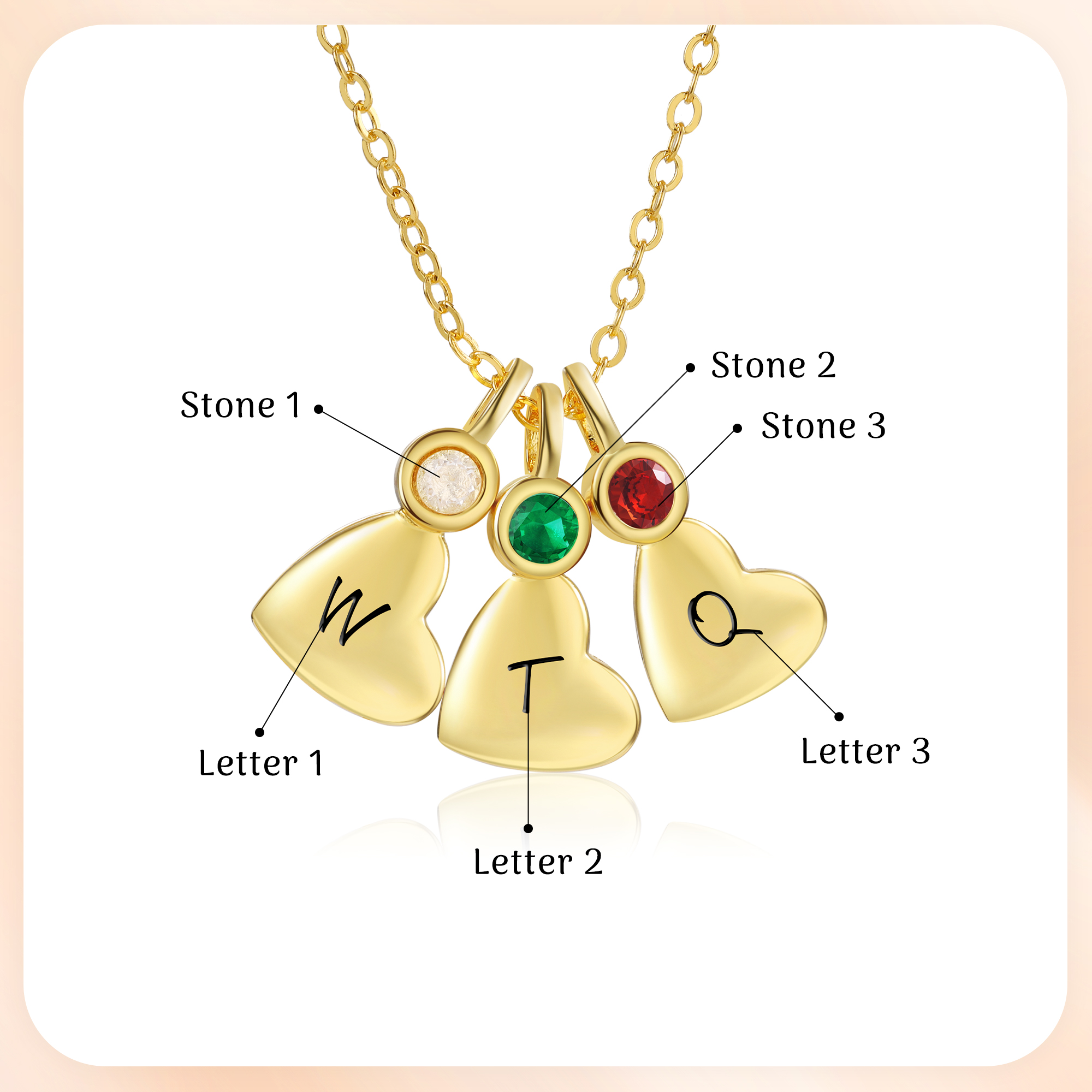 Personalised Heart Pendant Necklace Custom 3 Letters & 3 Birthstones Necklace Gifts for Her-Jessemade AU