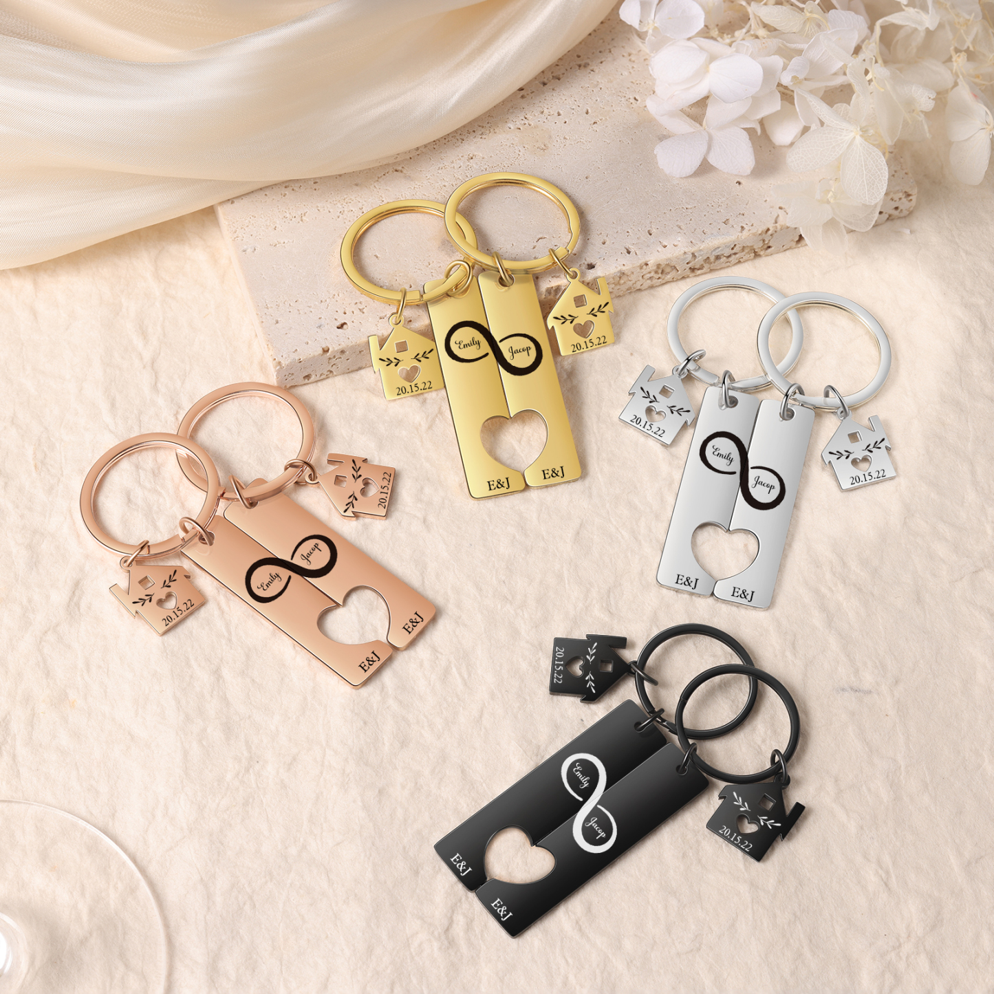 2 PCS Couple Keychain Set Custom 2 Names & Letters & Dates Keyring Infinity Keychain Romantic Personalised Gift for Him/Her-Jessemade AU