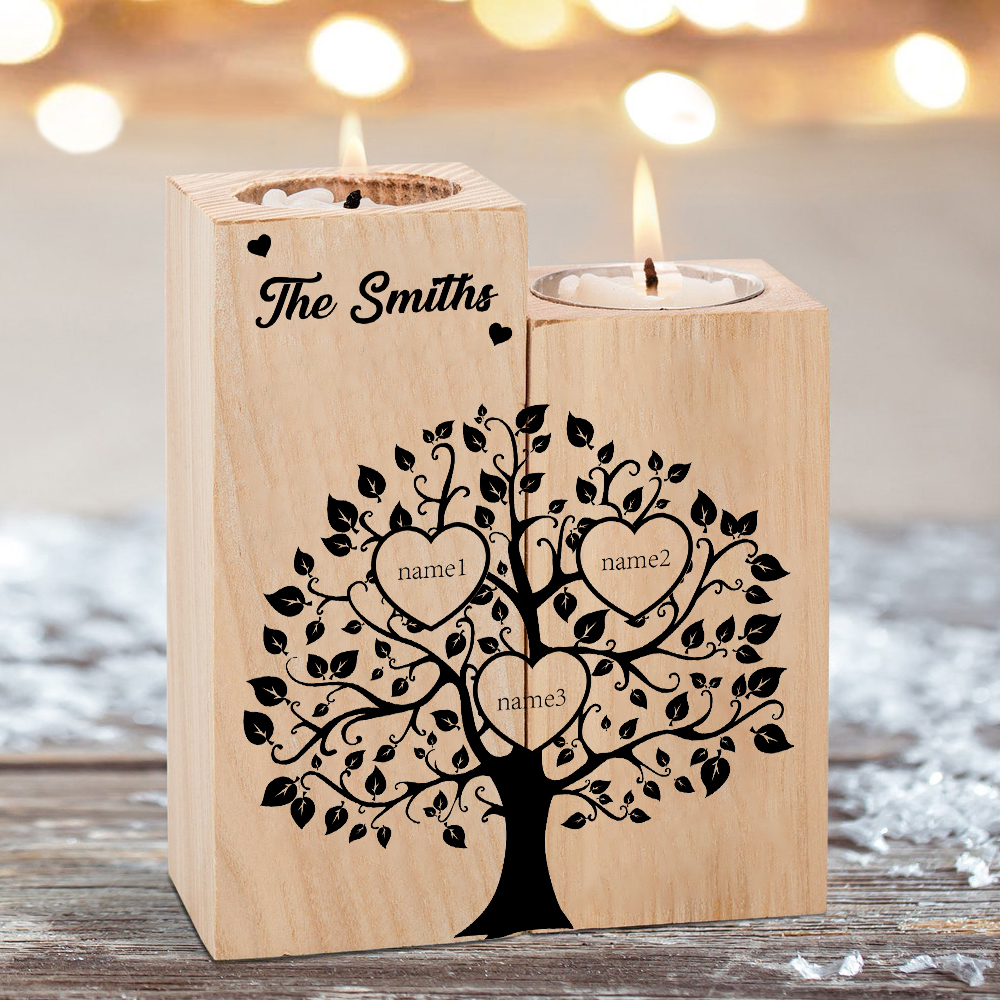 Family Name Wooden Heart Candle Holder Custom 3 Names Family Tree Candlesticks-Jessemade AU