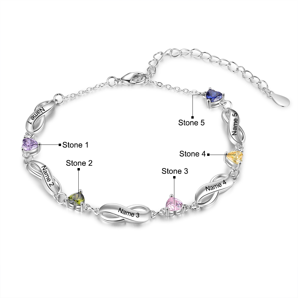 Personalised Infinity Bracelet With 5 Birthstones Engraved Names Bracelet Gift For Women-Jessemade AU