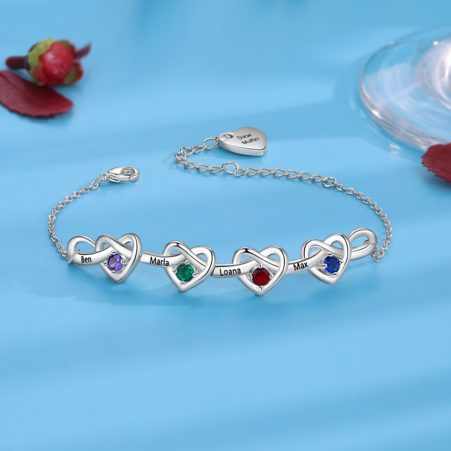 4 Names - Personalised Linked Heart Bracelet Custom 4 Birthstones Engraved Text Bracelets-Jessemade AU