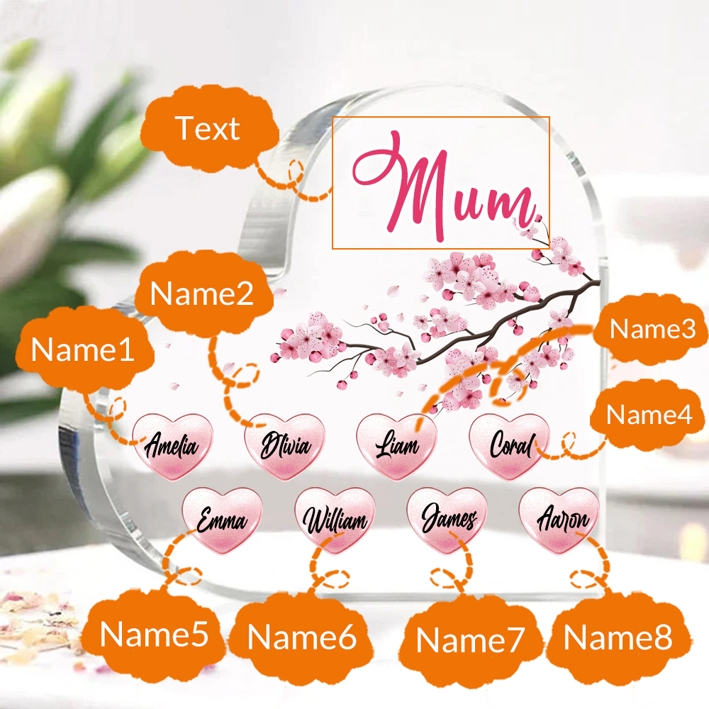 8 Names - Personalised Acrylic Heart Keepsake Custom Text Peach Blossom Ornaments Gifts for Grandma/Mother-Jessemade AU