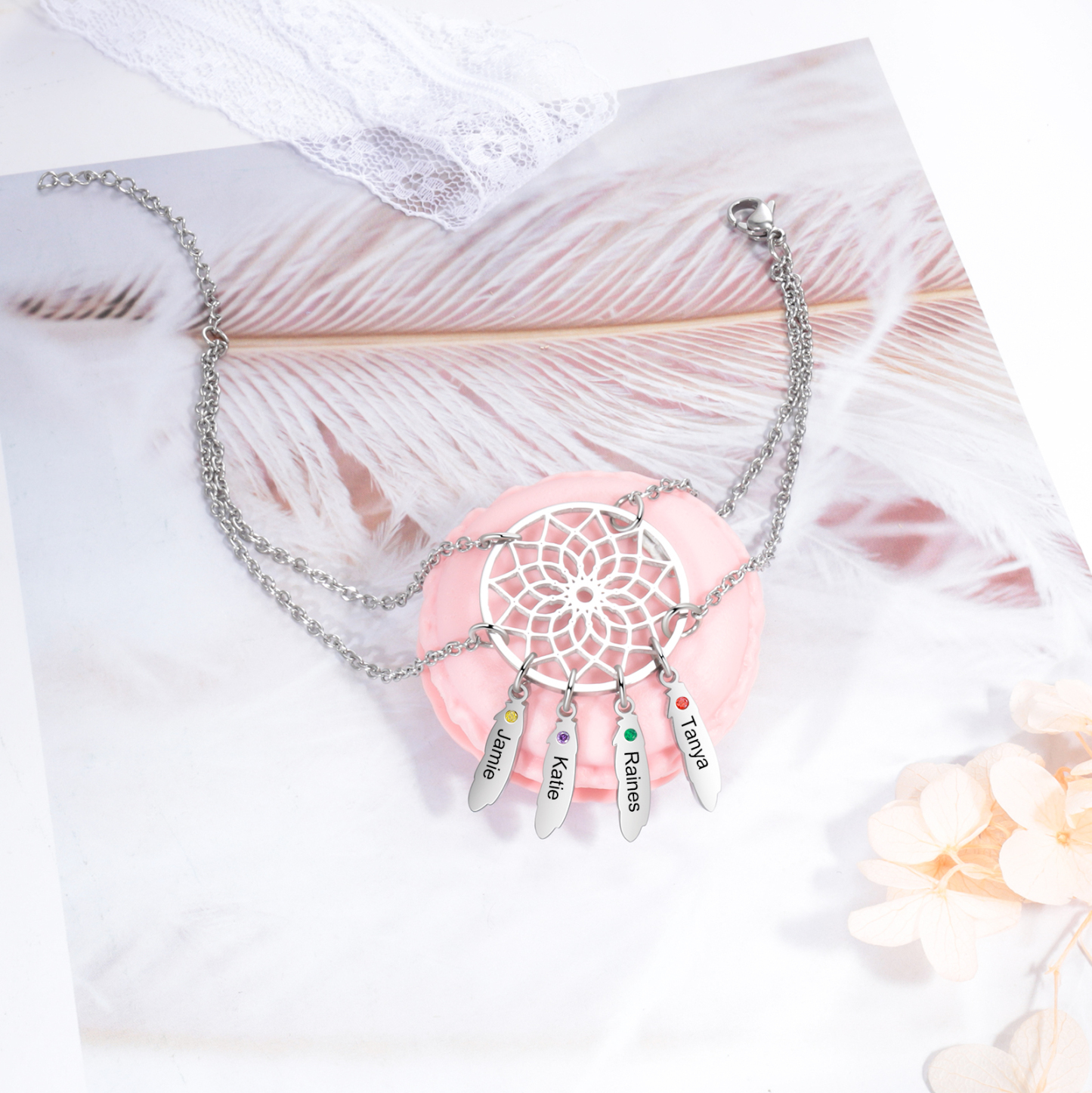 Personalised Dream Catcher Necklace With 4 Birthstones Engraved Names Gift For Women-Jessemade AU