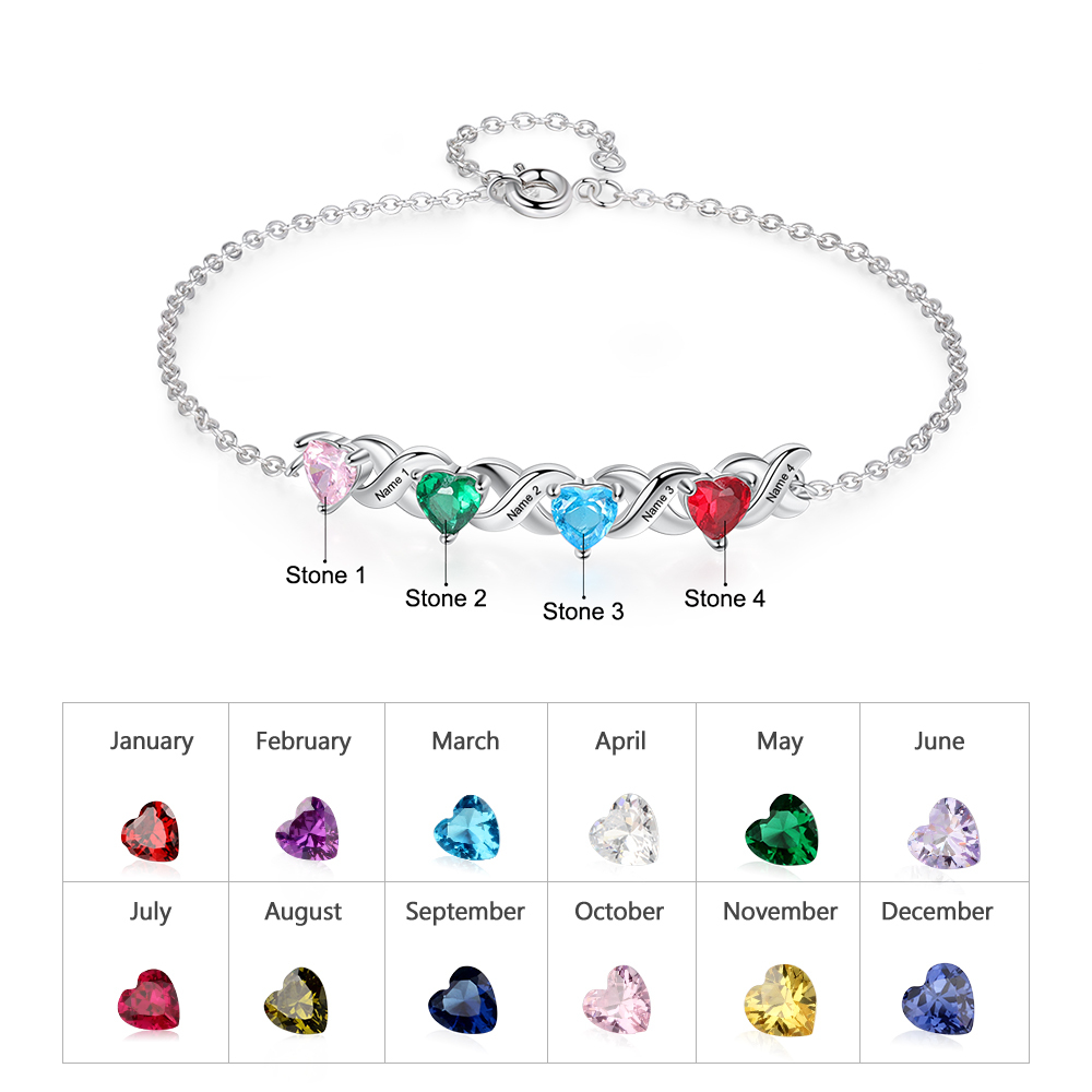Personalised Bracelet With 4 Heart Birthstones Engraved Names Bracelet Gift For Women-Jessemade AU