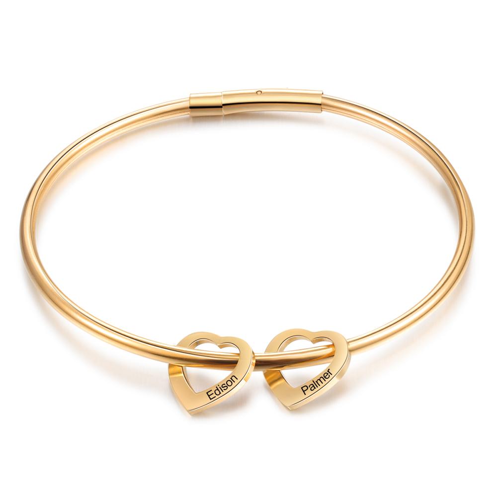 Engraved Bangle Bracelet with 2 Heart Pendant Gift for Mother Love Bracelet