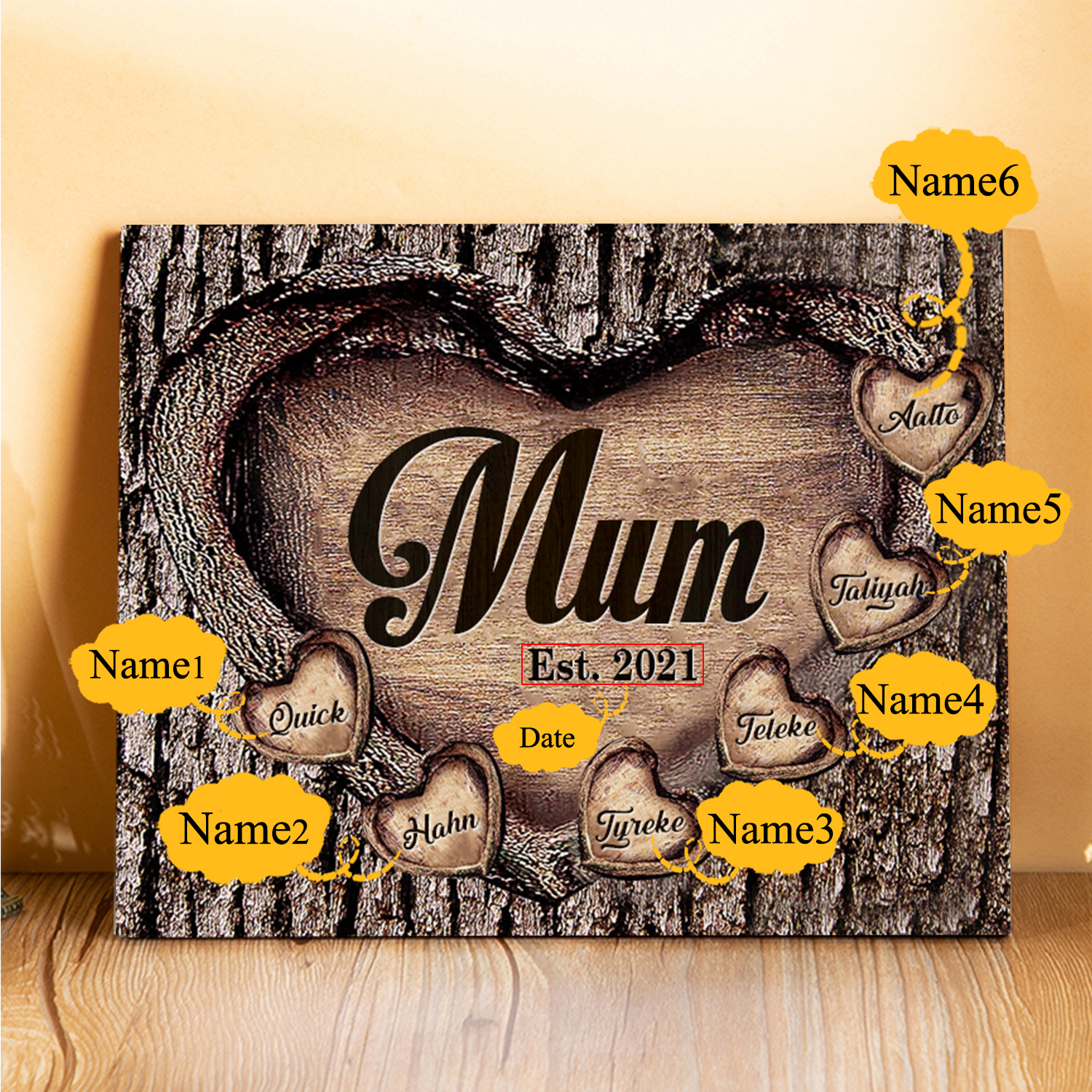 6 Names - Personalised Mum Wooden Plaque Custom Date & Names Home Decoration Hearts Gift for Mother-Jessemade AU