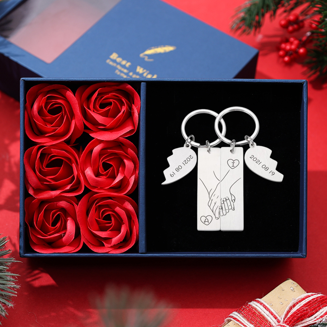 Hand in Hand Couple Keychain Set Personalised Date Initial Heart Matching Couple Gifts-Jessemade AU
