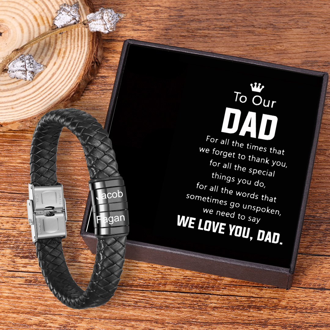 Men Leather Bracelet with 2 Beads Engraved Names Custom Bracelet For Dad-Jessemade AU