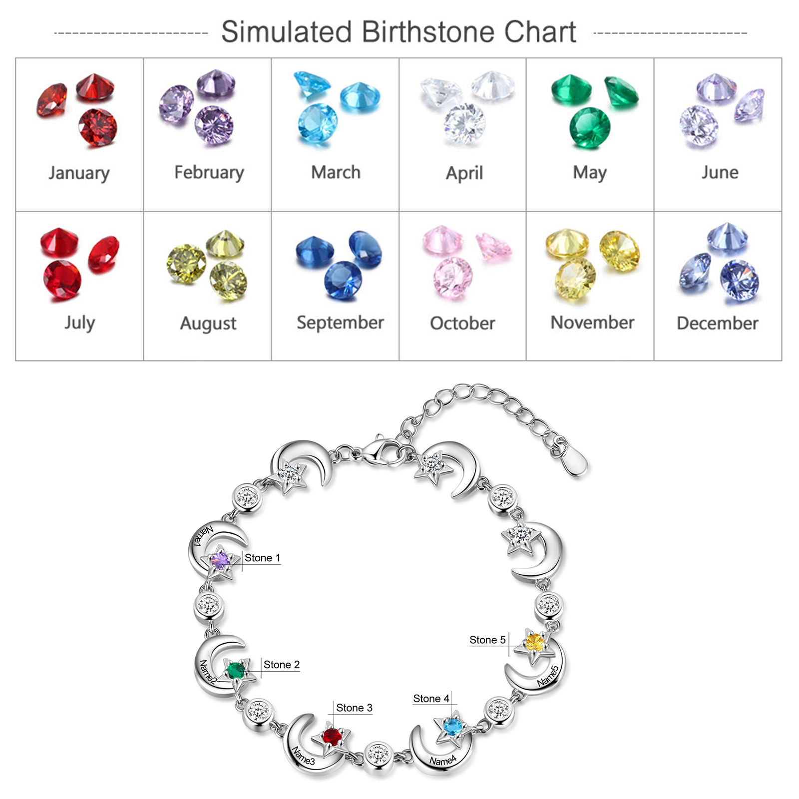 Personalised Moons And Stars Bracelet With 5 Birthstones Custom Names Bracelet Gift For Women-Jessemade AU