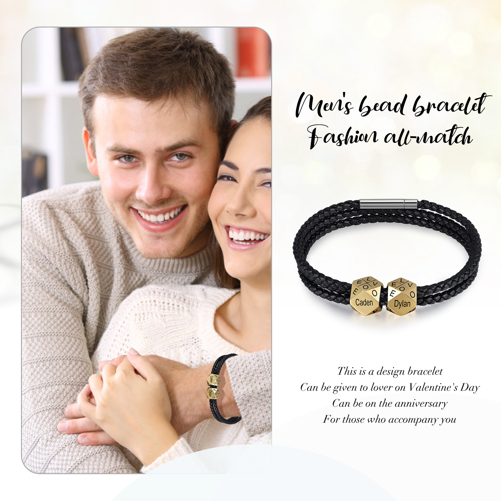 Personalised Braided Leather Bracelet Engraved 4 Names polyhedron Men's Bracelet Gifts For Him-Jessemade AU