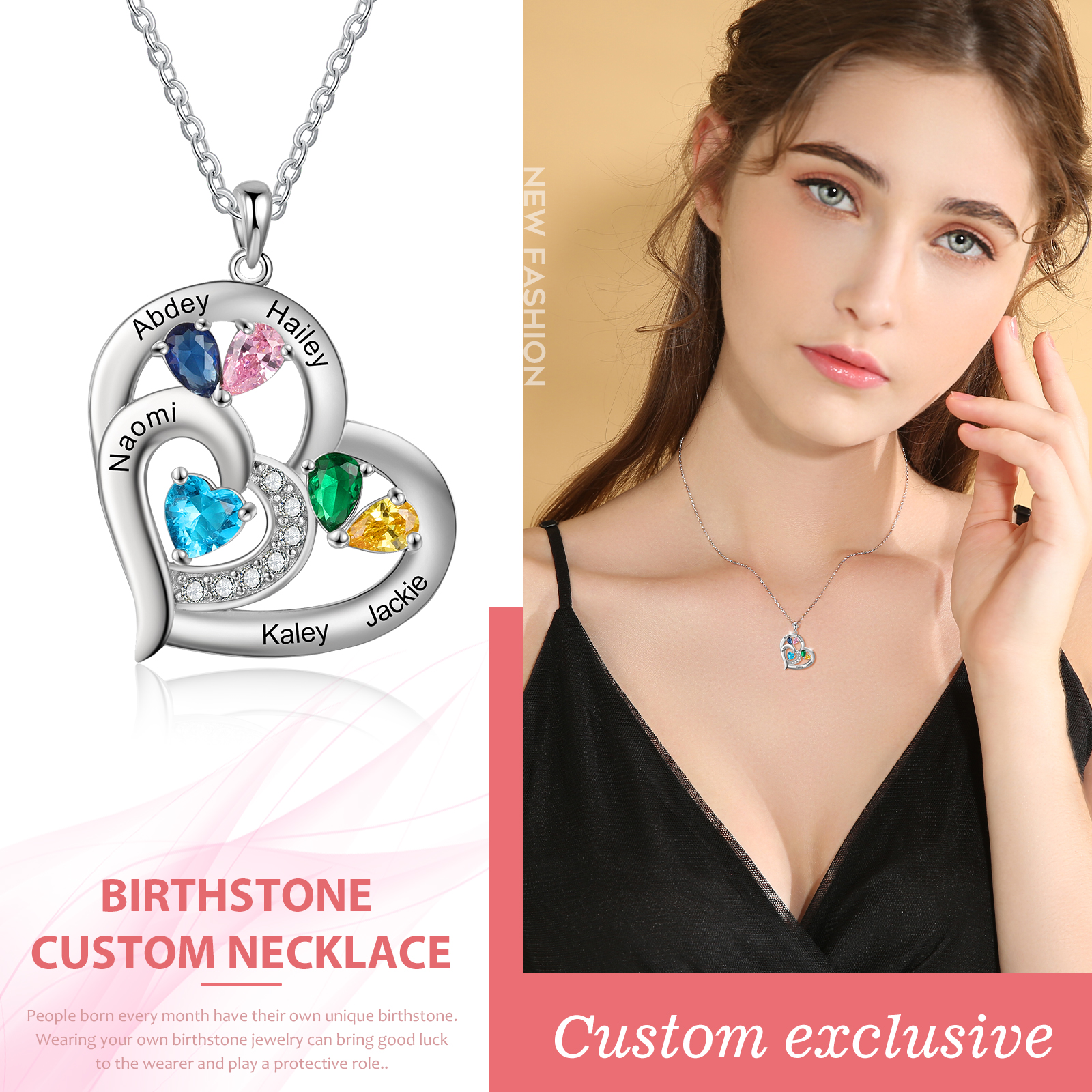 Personalised Heart Necklace With 5 Birthstones Engraved Names Gift For Her-Jessemade AU