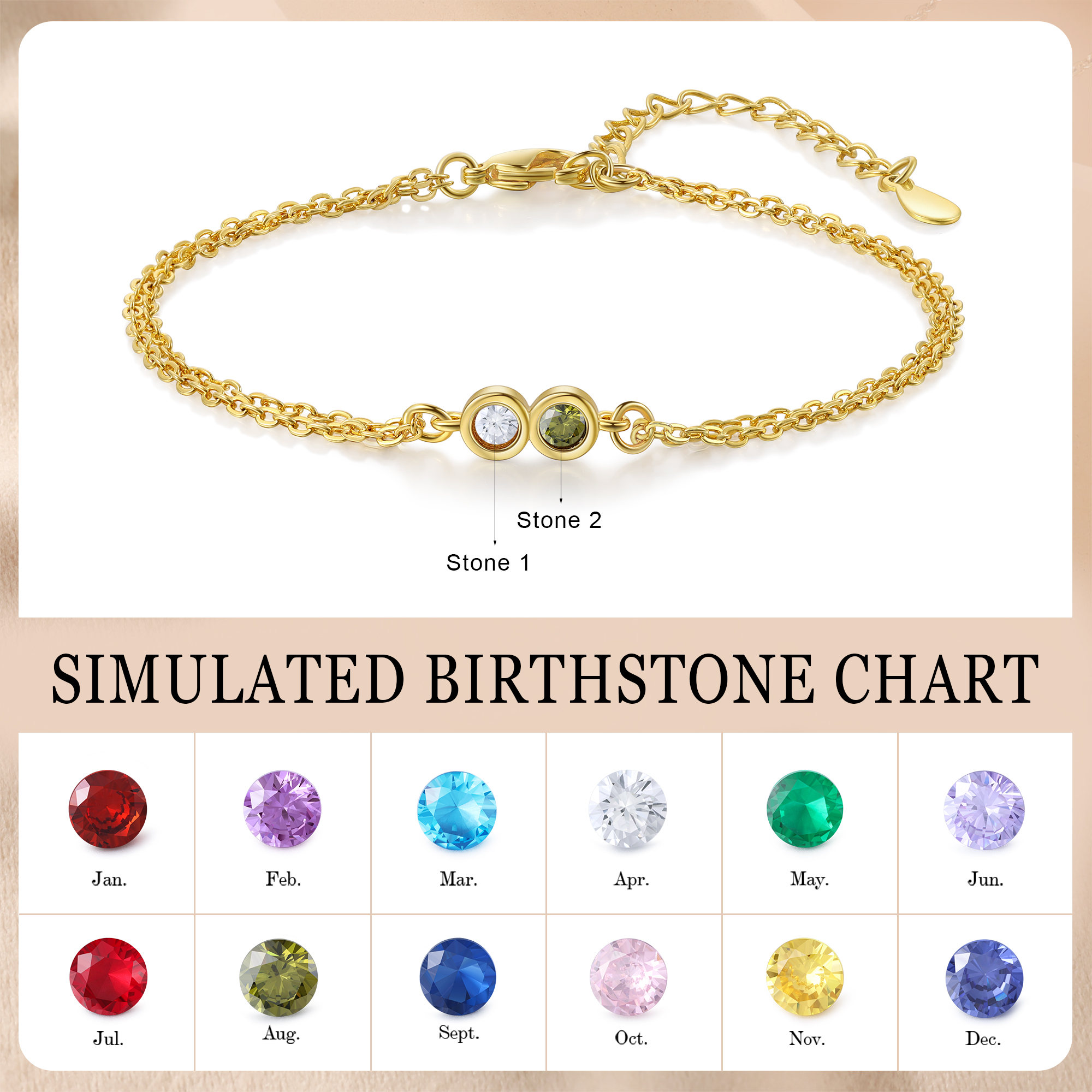 Personalised Bracelet Custom 2 Birthstones Adjustable Bracelet Gifts for Ladies Girls