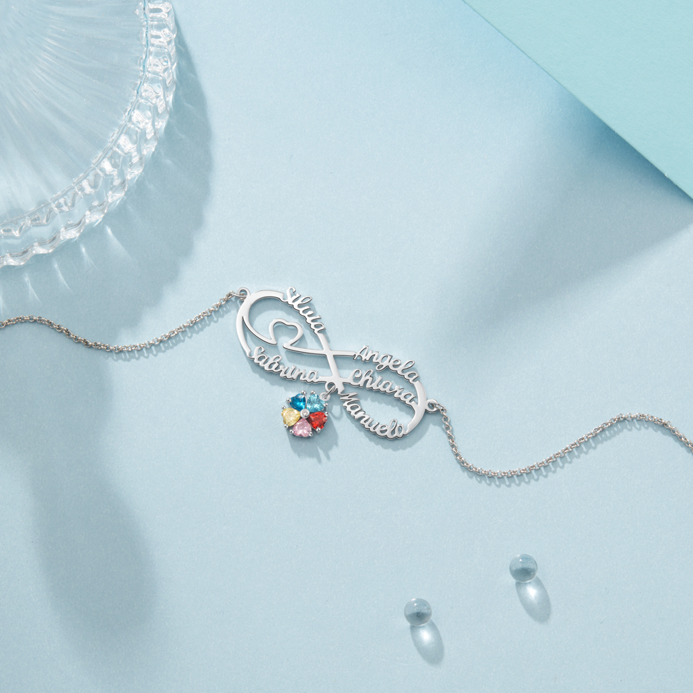 Personalised Infinity Necklace With 5 Birthstones Engraved Names Necklace Gift For Women-Jessemade AU